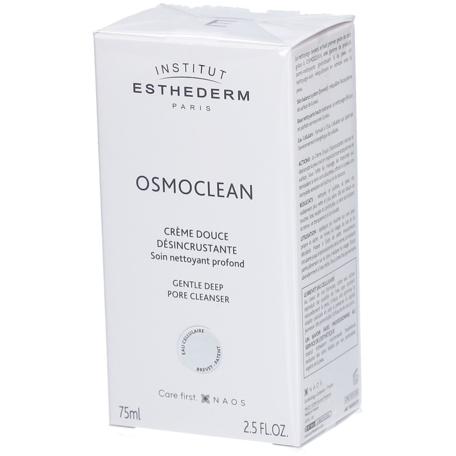 Boîte blanche INSTITUT ESTHEDERM. OSMOCLEAN, Crème Douce Désincrustante, Soin nettoyant profond, Gentle Deep Pore Cleanser. 75ml, 2.5 FL.OZ.