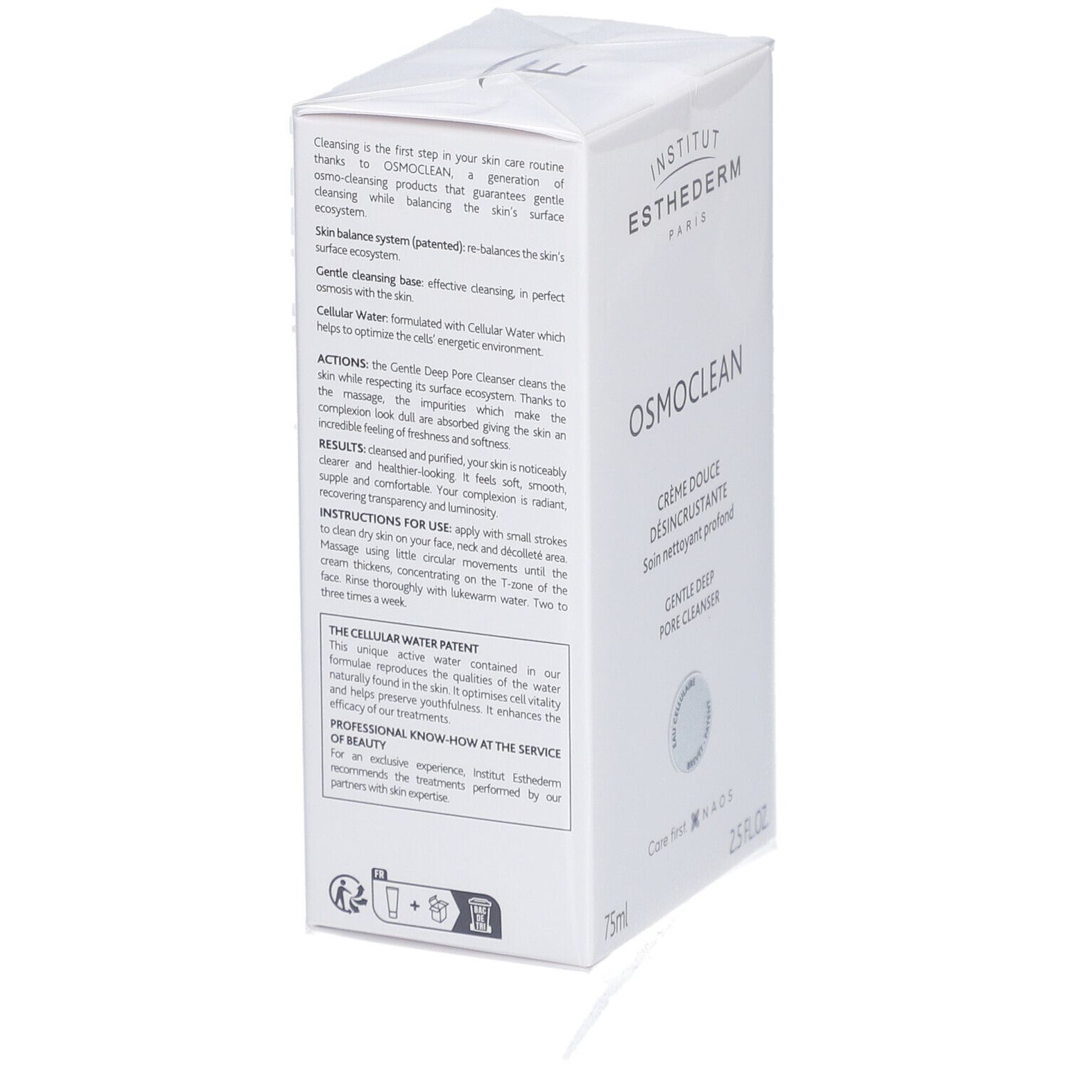 Boîte blanche avec texte. Logo INSTITUT ESTHEDERM et OSMOCLEAN. Texte sur le nettoyage, l'équilibre cutané, le brevet Cellular Water et l'utilisation.
