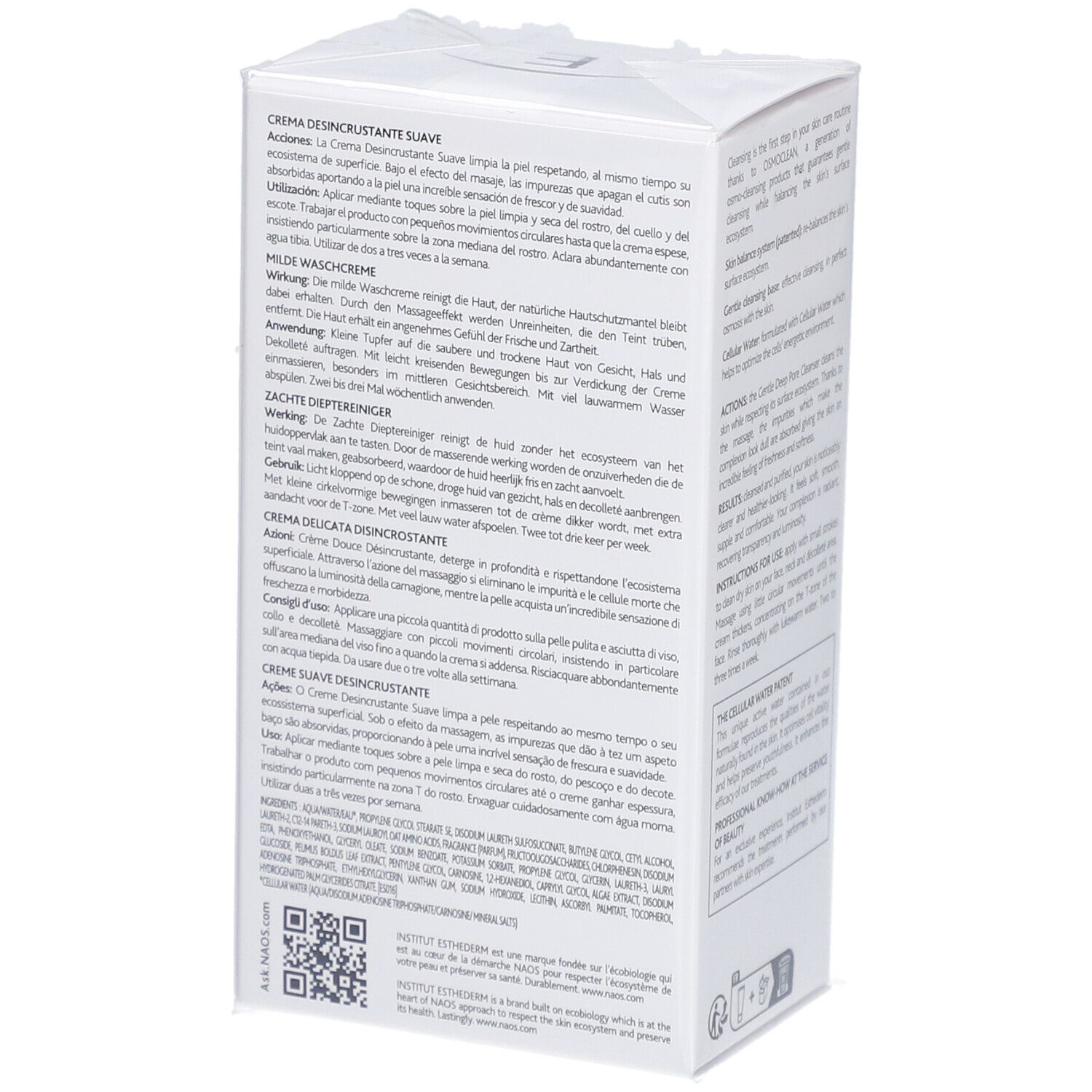 Dos de la boîte blanche. Texte multilingue. Code QR et ingrédients. Informations sur l'utilisation et les effets du produit.