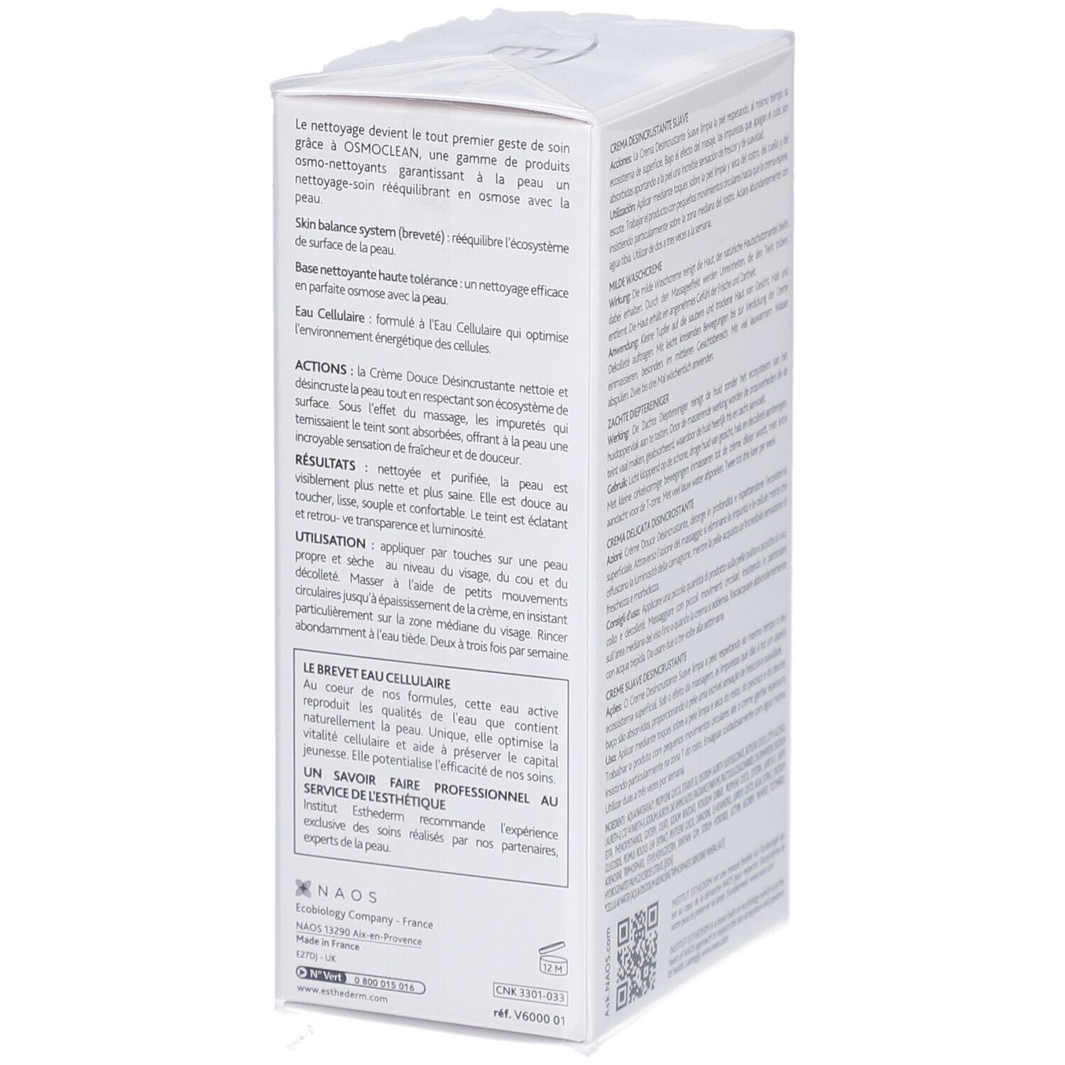 Boîte blanche avec texte. Logo INSTITUT ESTHEDERM et OSMOCLEAN. Texte sur le nettoyage, l'équilibre cutané, le brevet Cellular Water et l'utilisation.