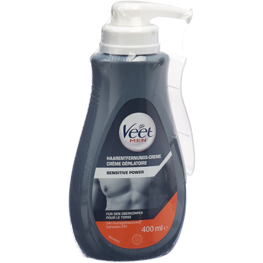 Graue Flasche mit Pumpe. Aufschrift: Veet MEN, Haarentfernungs-Creme, Sensitive Power. 400 ml.