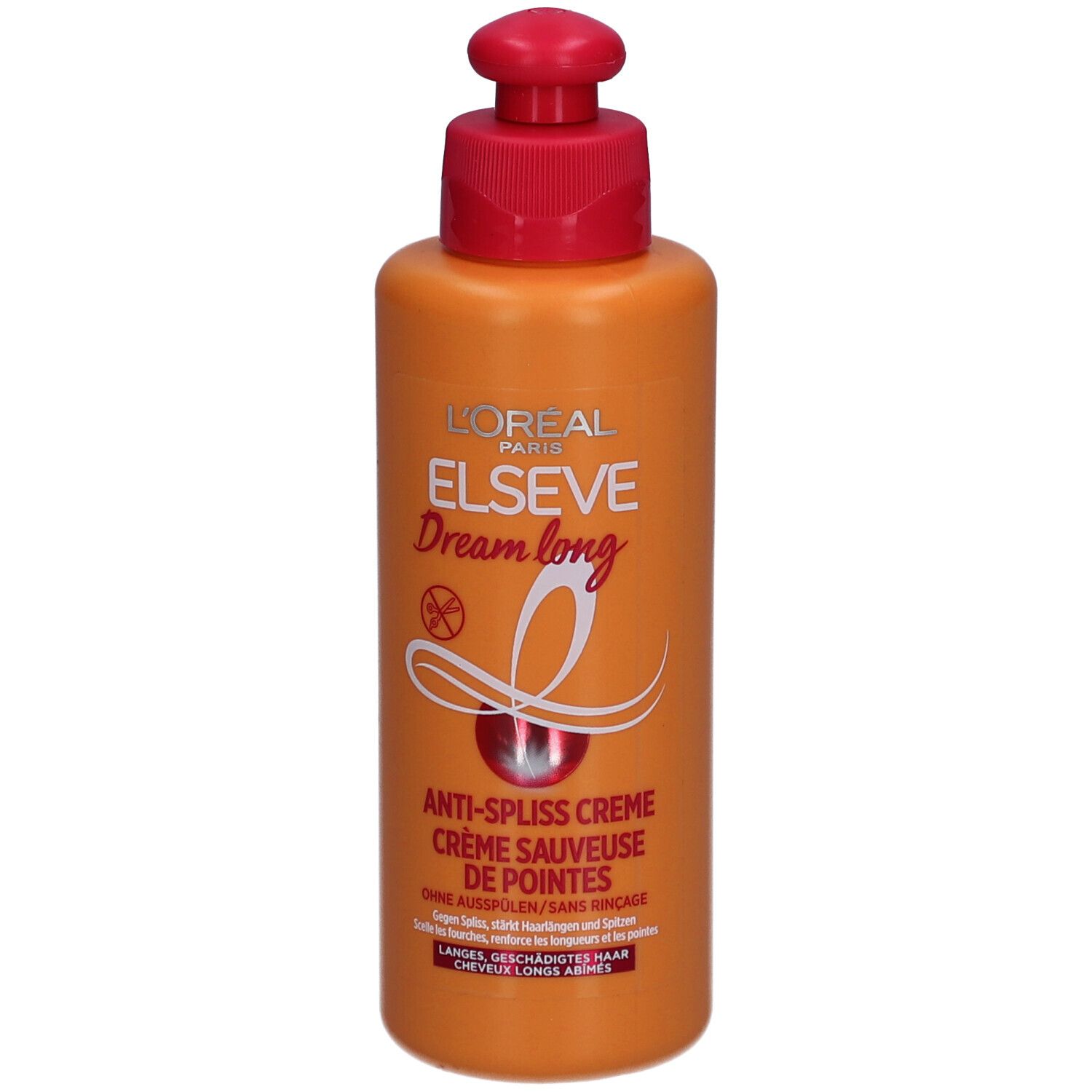 Flacon orange avec pompe rouge. Inscription: L'ORÉAL PARIS ELSEVE Dream long. Crème anti-pointes fourchues. Sans rinçage.