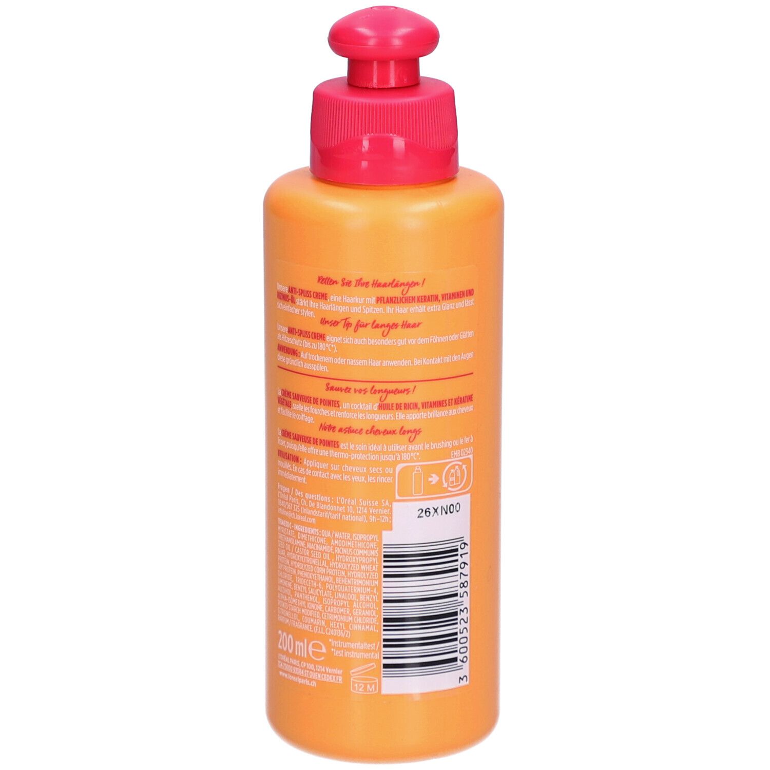 Flacon orange avec pompe rouge, dos avec texte. Produit: L'ORÉAL PARIS ELSEVE Dream long. 200ml.