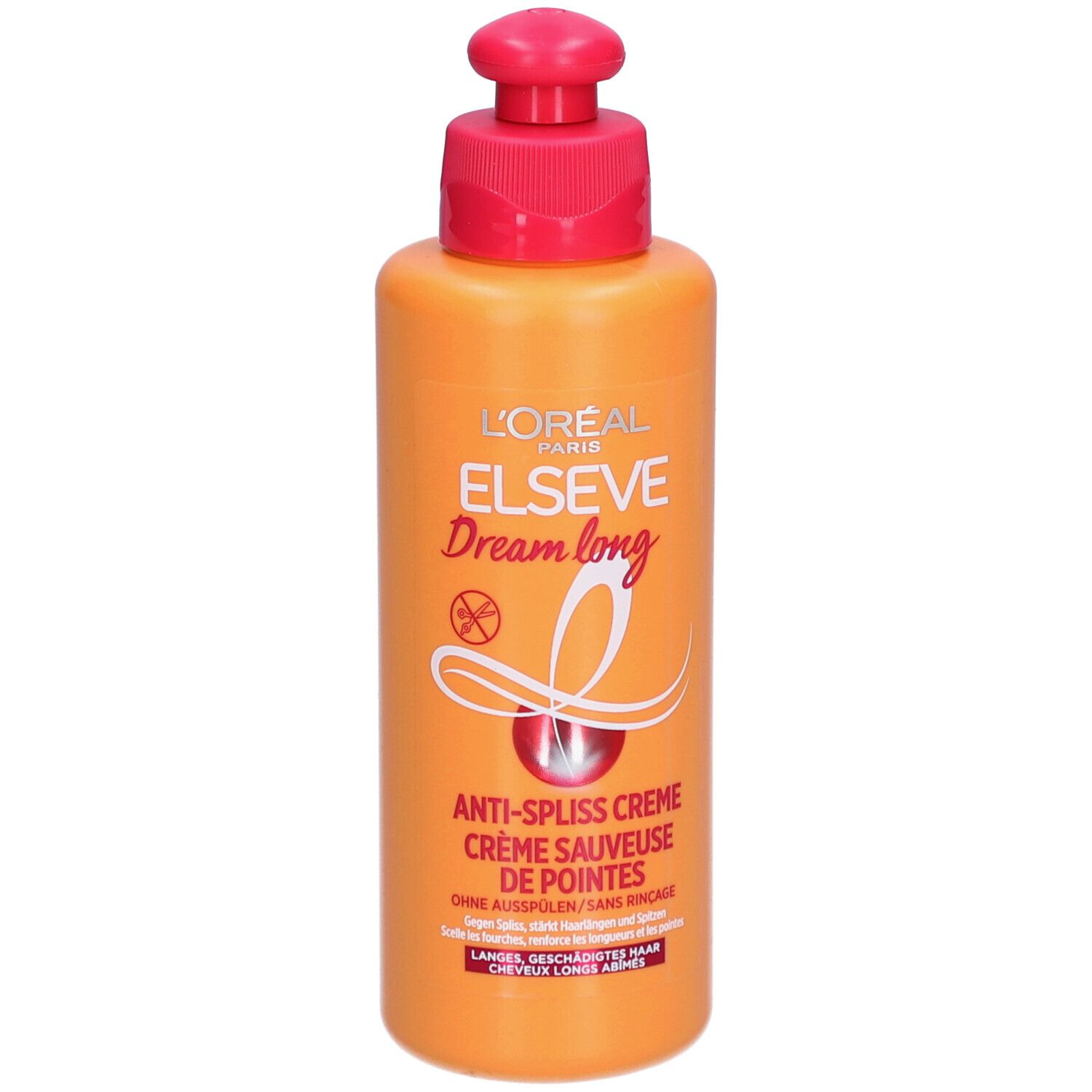 Flacon orange avec pompe rouge. Inscription: L'ORÉAL PARIS ELSEVE Dream long. Crème anti-pointes fourchues. Sans rinçage.