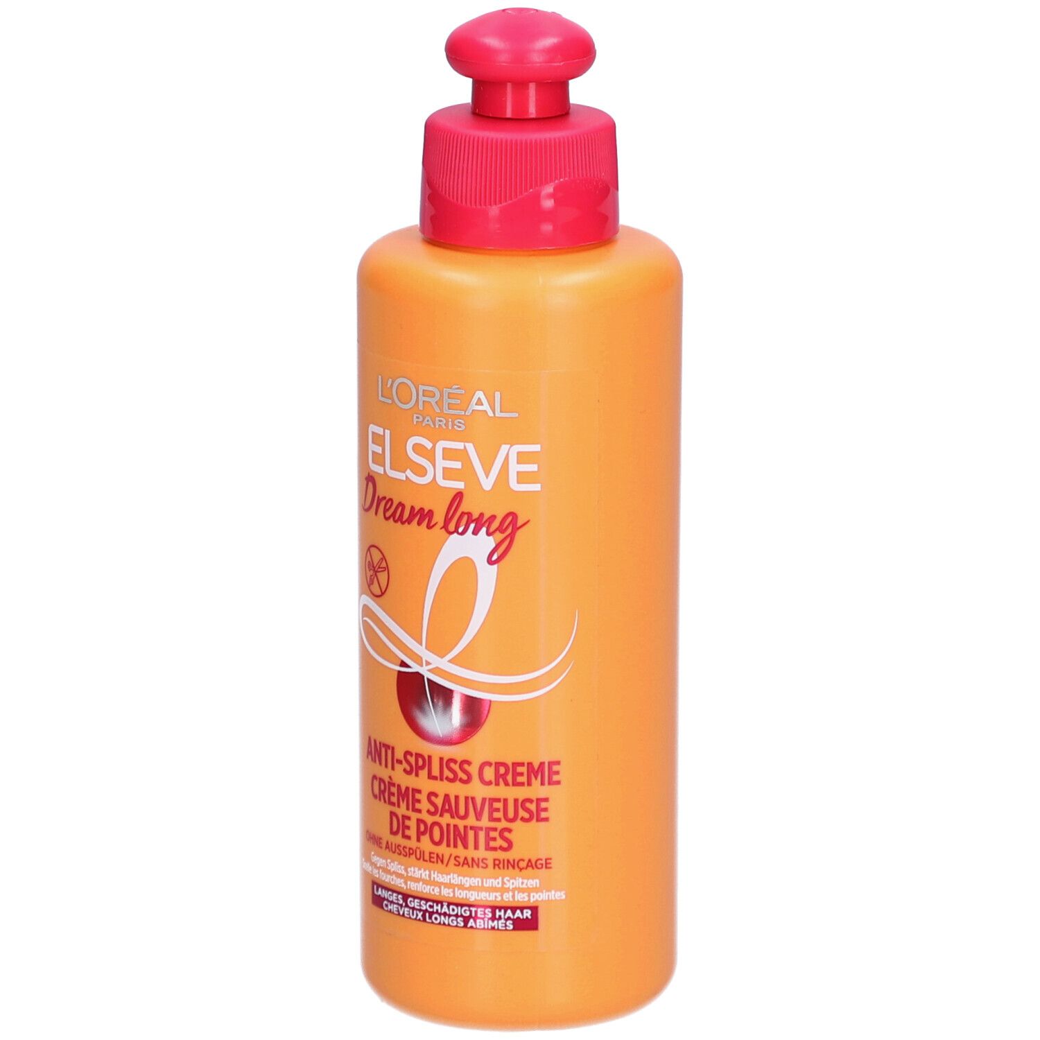 Flacon orange avec pompe rouge. Inscription: L'ORÉAL PARIS ELSEVE Dream long. Crème anti-pointes fourchues. Sans rinçage.