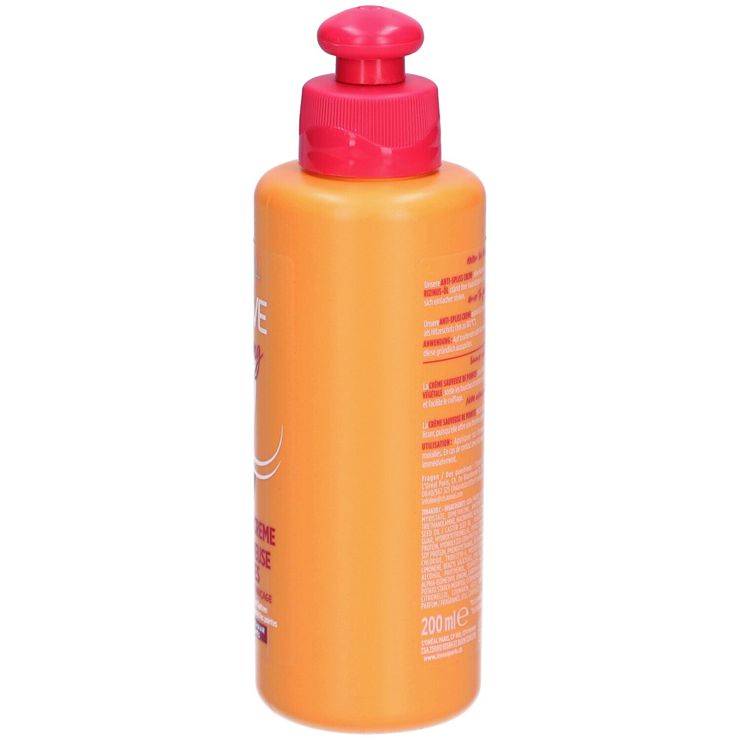 Flacon orange avec pompe rouge, dos avec texte. Produit: L'ORÉAL PARIS ELSEVE Dream long. 200ml.