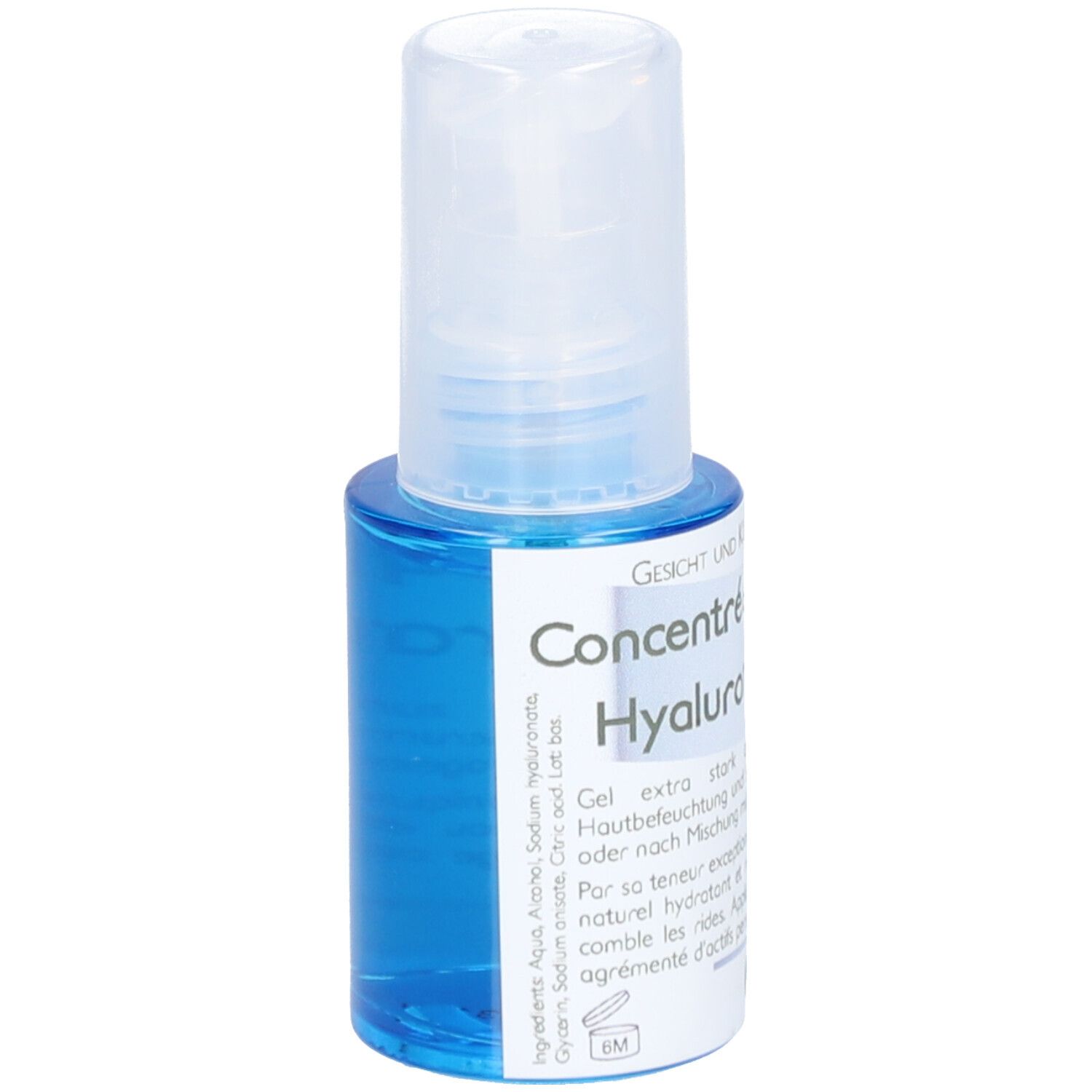 Blaue Flasche mit weißem Deckel. Aufschrift: Gesicht & Körper, Concentré Hyaluron. Inhaltsstoffe. Marke: Thiemard.