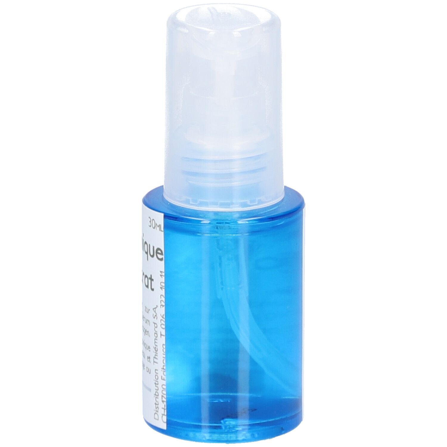 Kleine blaue Flasche mit weißem Sprühkopf. Aufschrift: 30 ml. Marke: Thiemard.
