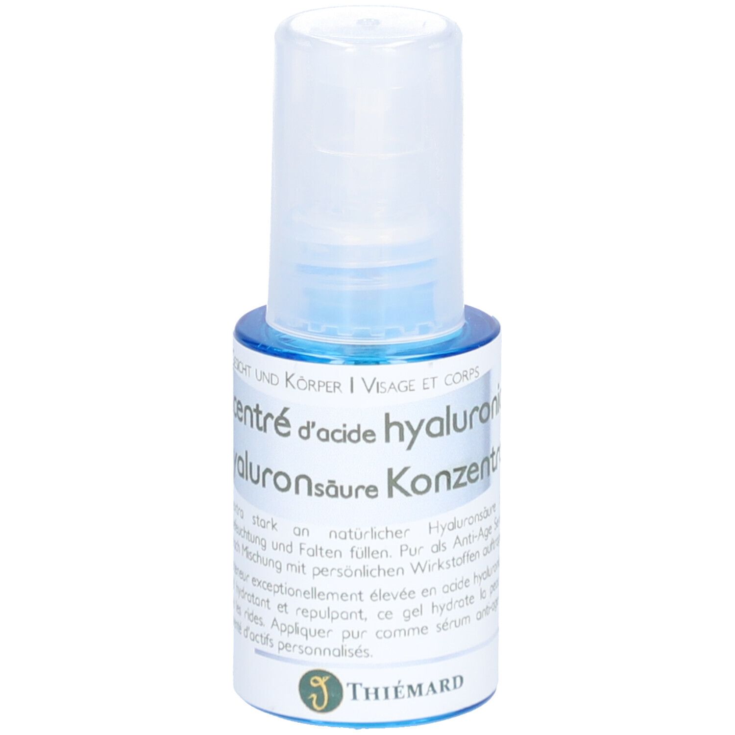 Kleine blaue Flasche mit weißem Deckel. Beschriftung: Gesicht & Körper, Hyaluronsäure Konzentrat. Marke: Thiemard.