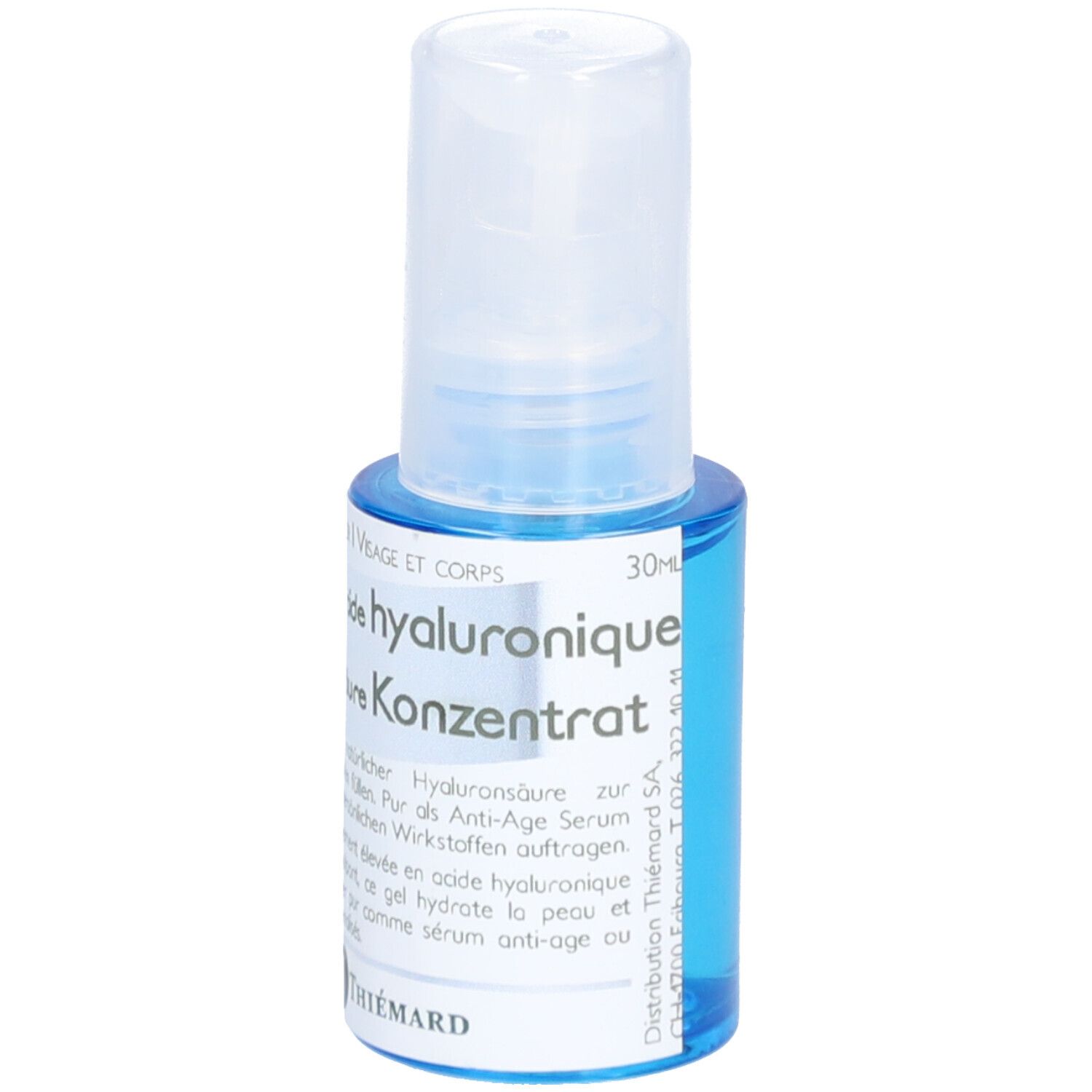 Kleine blaue Flasche mit weißem Deckel. Beschriftung: 30 ml, Hyaluronsäure Konzentrat. Marke: Thiemard.