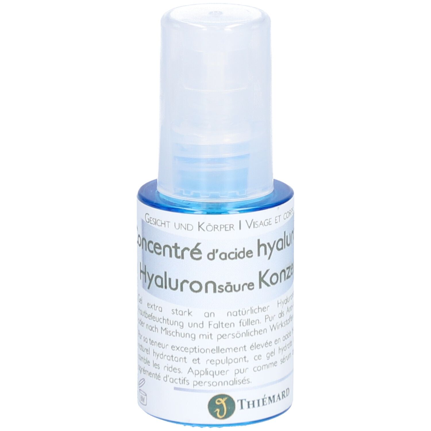 Kleine blaue Flasche mit weißem Deckel. Beschriftung: Gesicht & Körper, Hyaluronsäure Konzentrat. Marke: Thiemard.