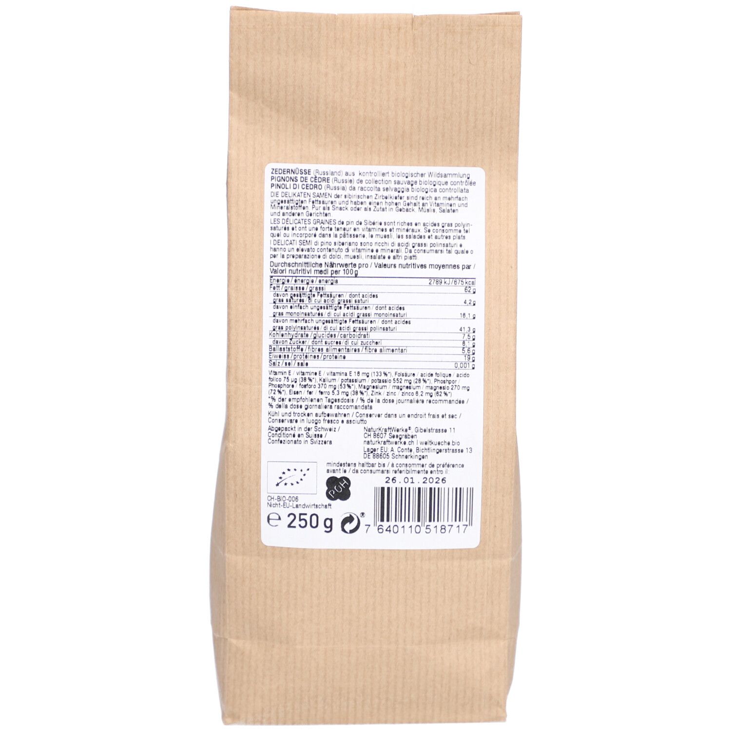 Dos du sachet en papier brun. Texte et informations nutritionnelles. Label bio et poids.