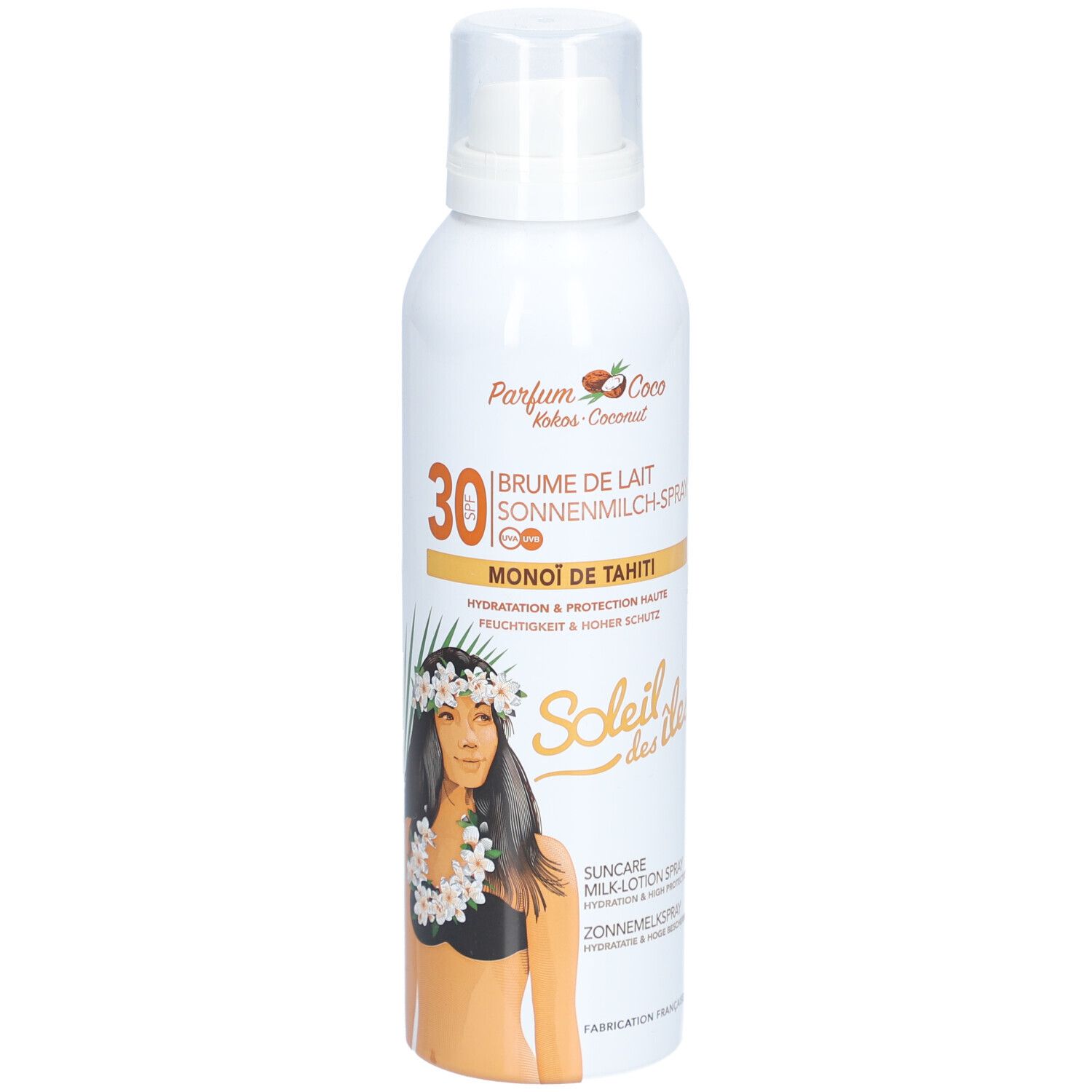 Weiße Sprühflasche mit Sonnenmilch-Spray LSF 30, Monoi de Tahiti Duft.