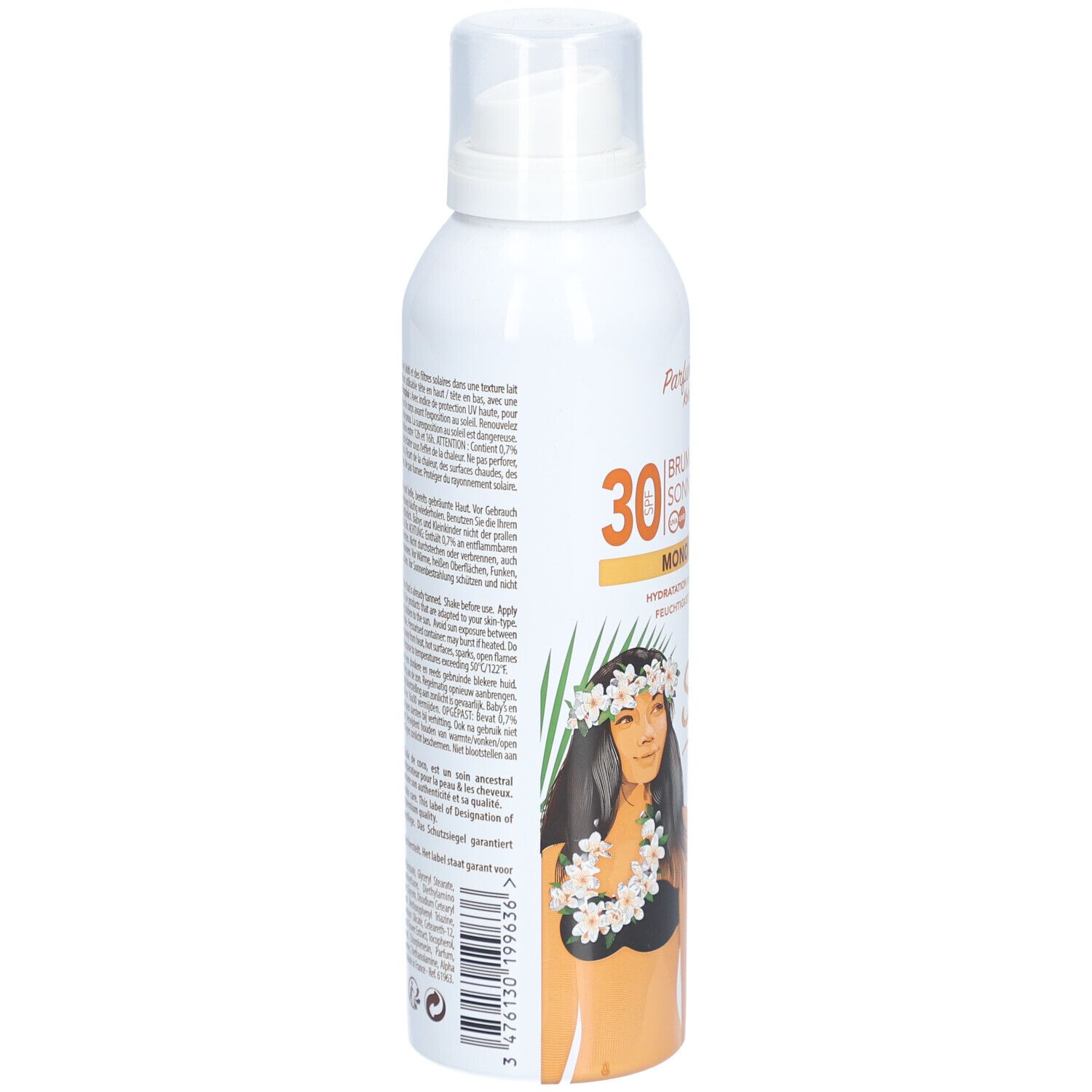 Rückseite einer weißen Sprühflasche mit Sonnenmilch-Spray LSF 30, mit Anwendungshinweisen.