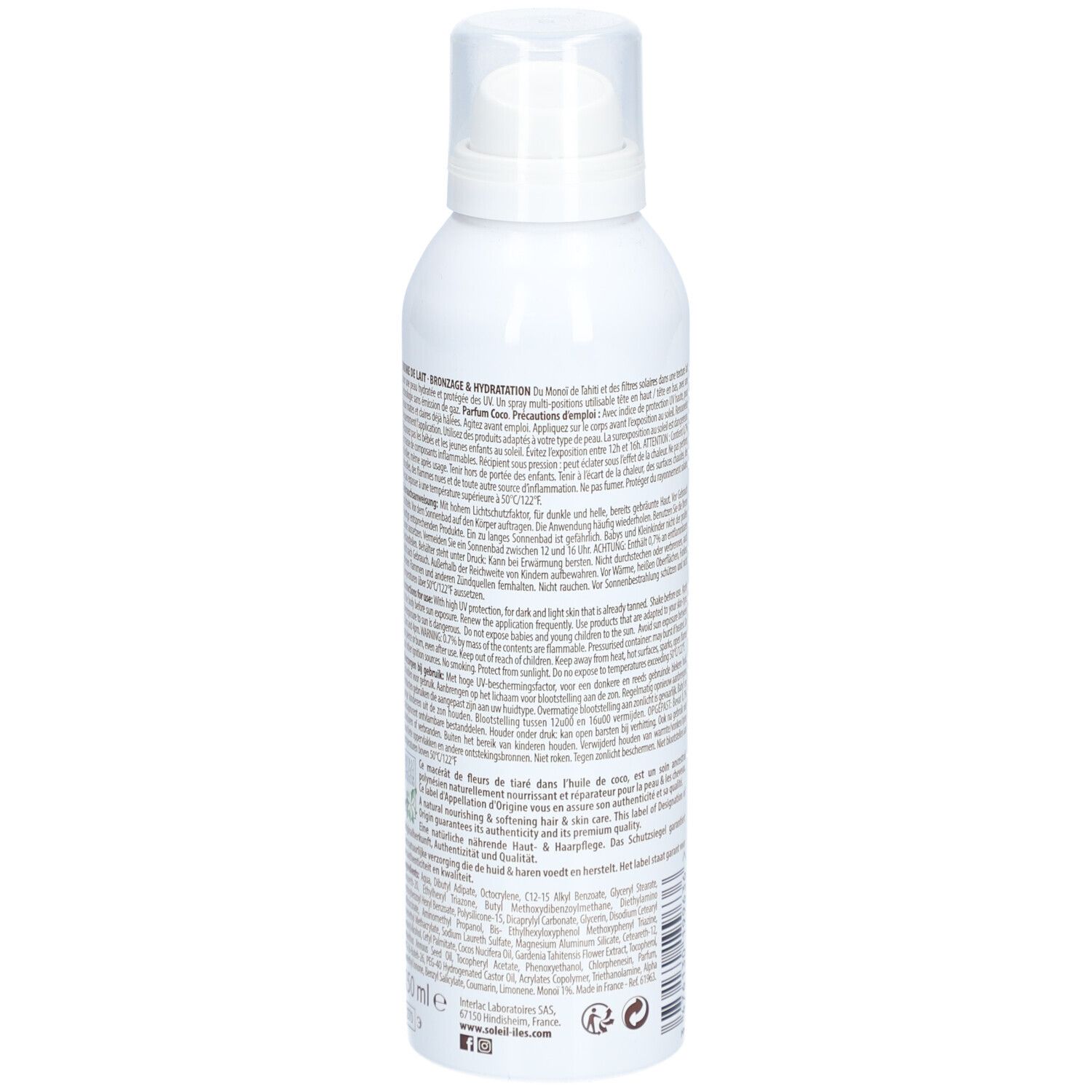Seitenansicht einer weißen Sprühflasche mit Sonnenmilch-Spray LSF 30, mit detaillierten Produktinformationen.