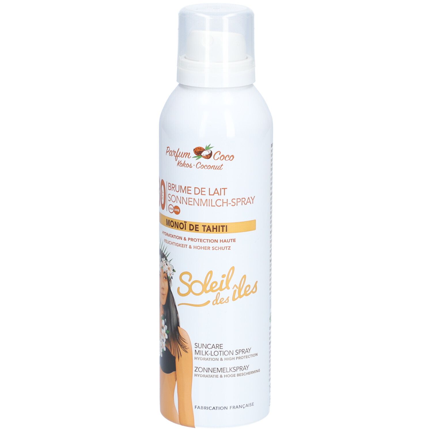 Weiße Sprühflasche mit Sonnenmilch-Spray LSF 30, Monoi de Tahiti Duft, Vorderseite.