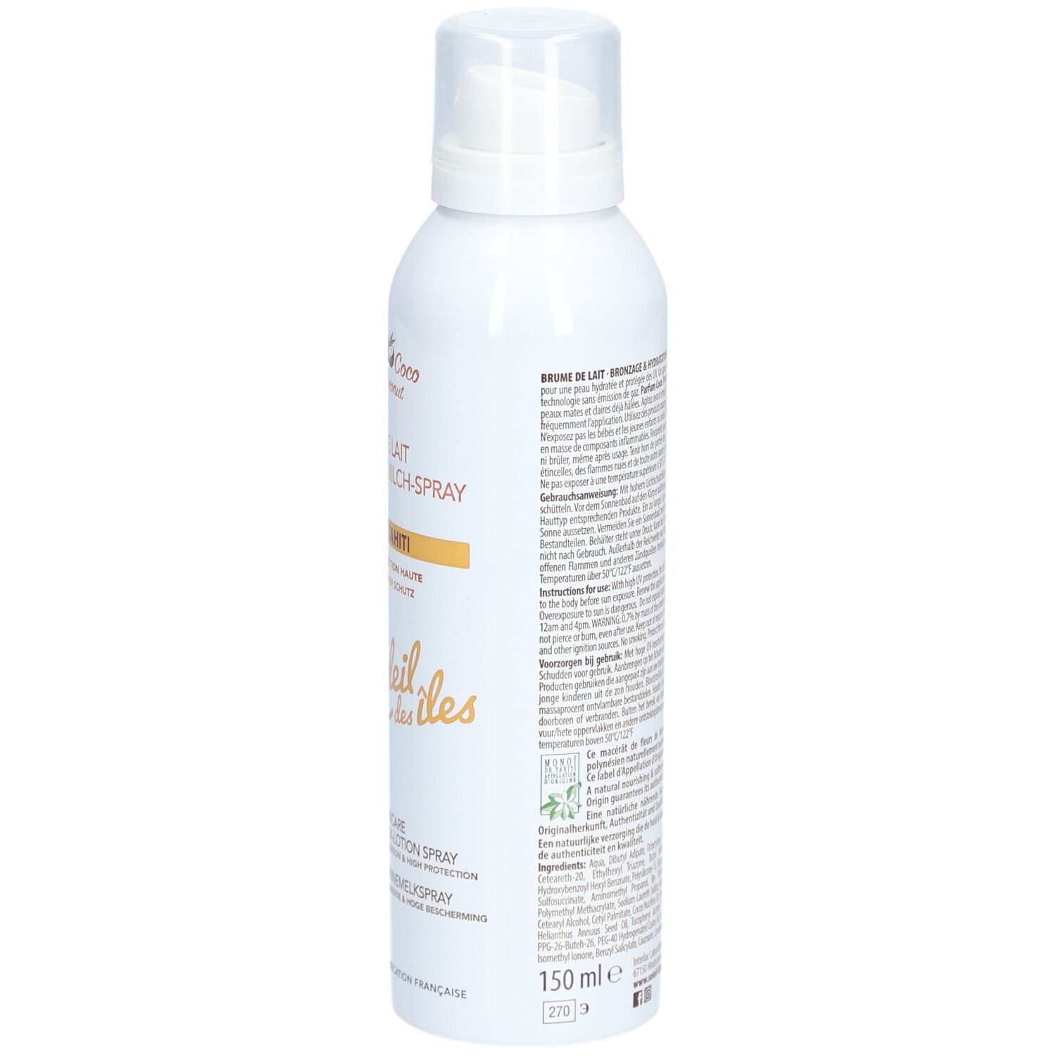 Seitenansicht einer weißen Sprühflasche mit Sonnenmilch-Spray LSF 30, mit Mengenangabe 150 ml.
