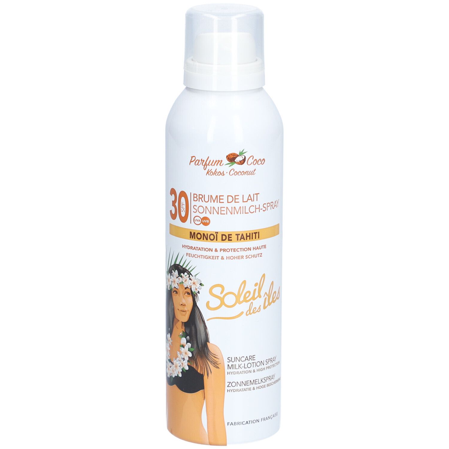 Weiße Sprühflasche mit Sonnenmilch-Spray LSF 30, Monoi de Tahiti Duft, mit Frauendarstellung.