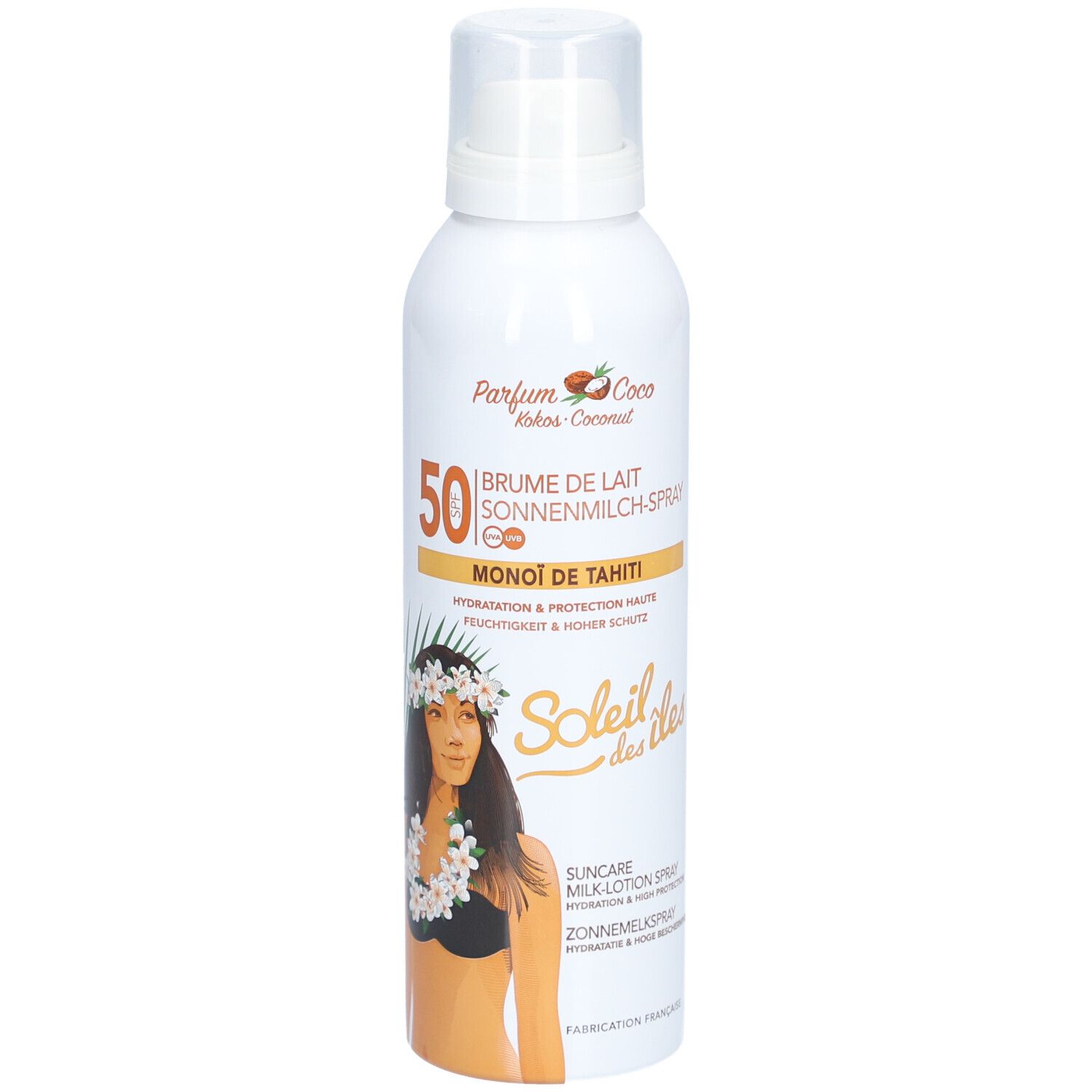 Flacon spray blanc. Inscription SPF 50. Image d'une femme avec couronne de fleurs. Texte: Soleil des îles.