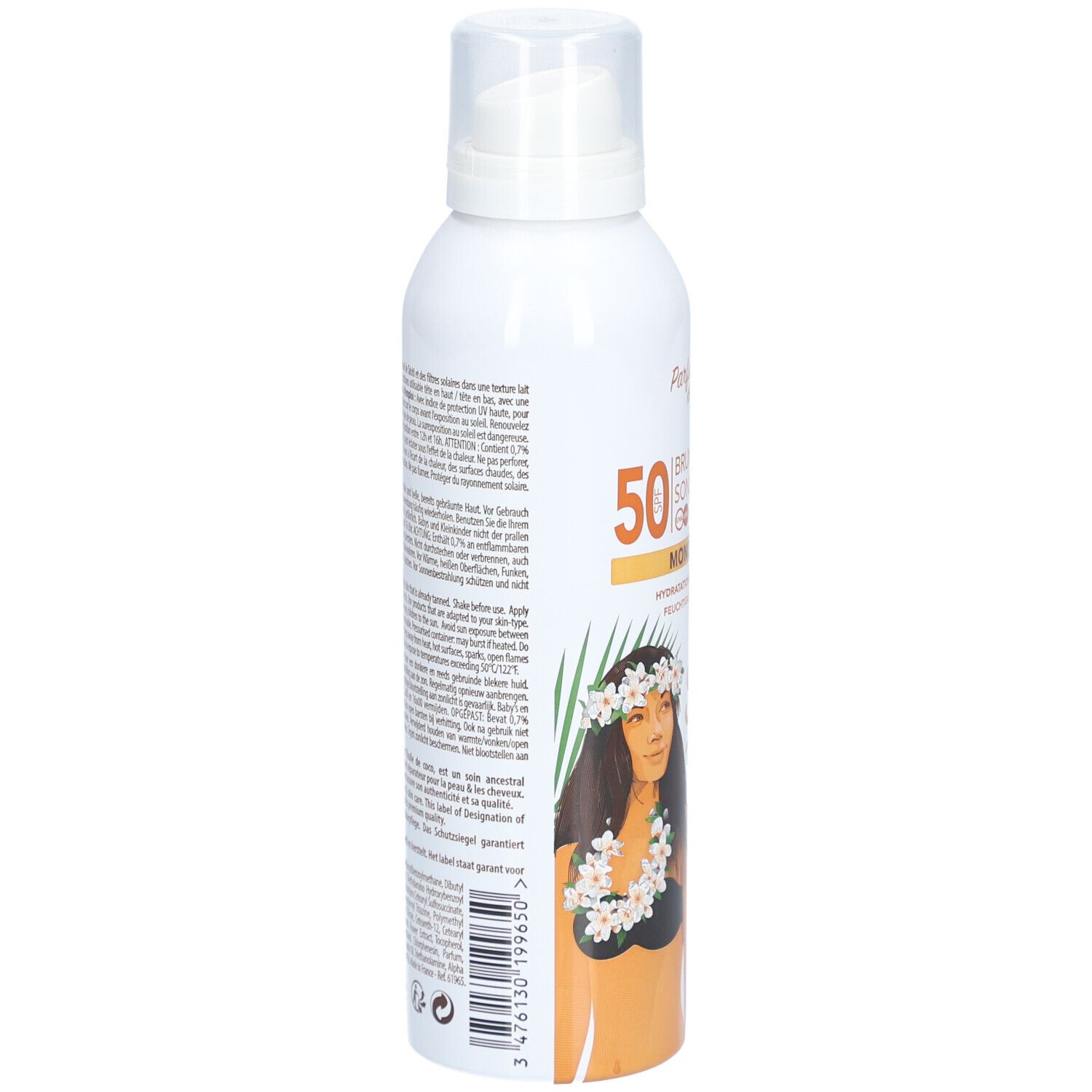 Flacon spray blanc. Inscription et image d'une femme avec couronne de fleurs. Texte au dos.