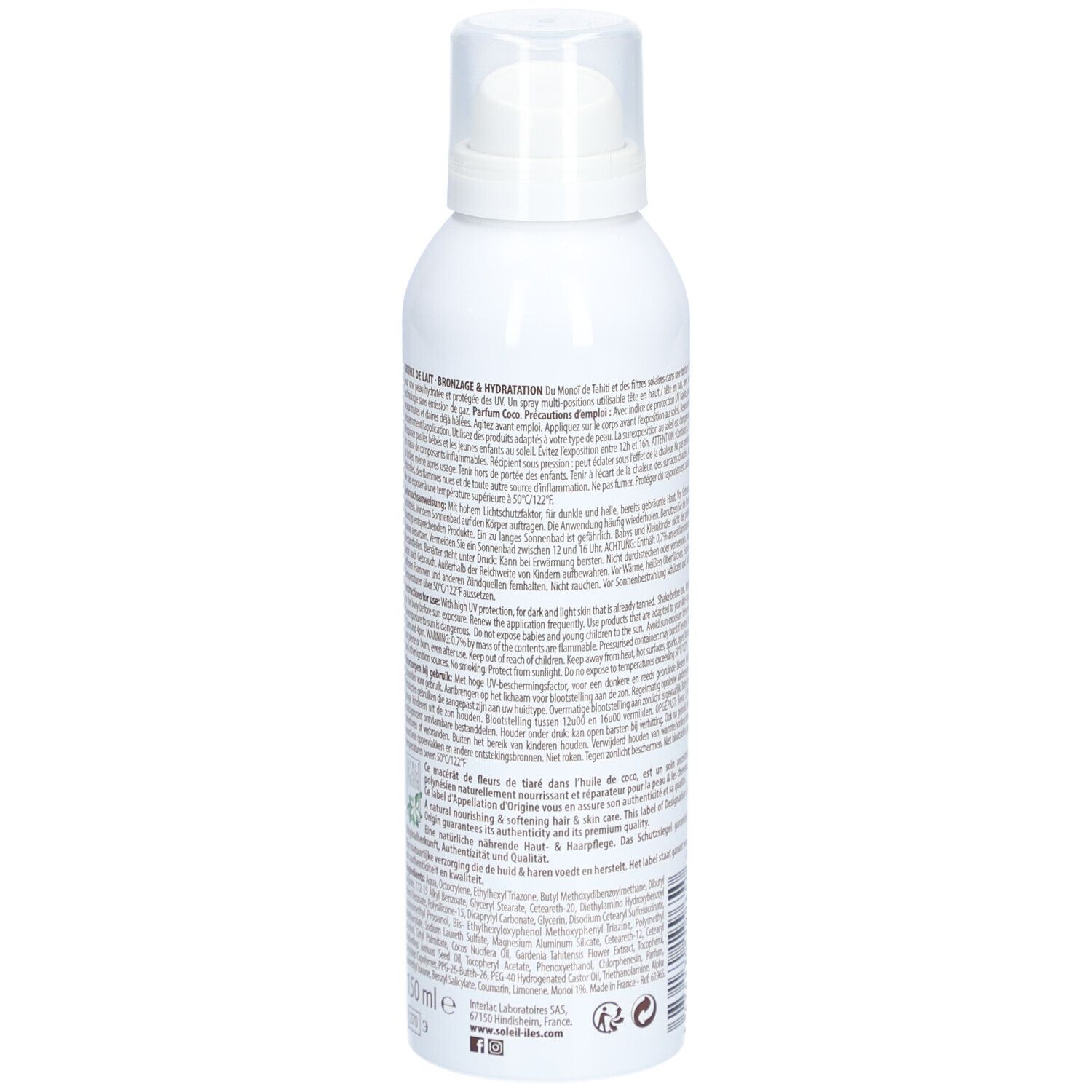 Flacon spray blanc. Texte au dos. Détails sur l'utilisation et les ingrédients.