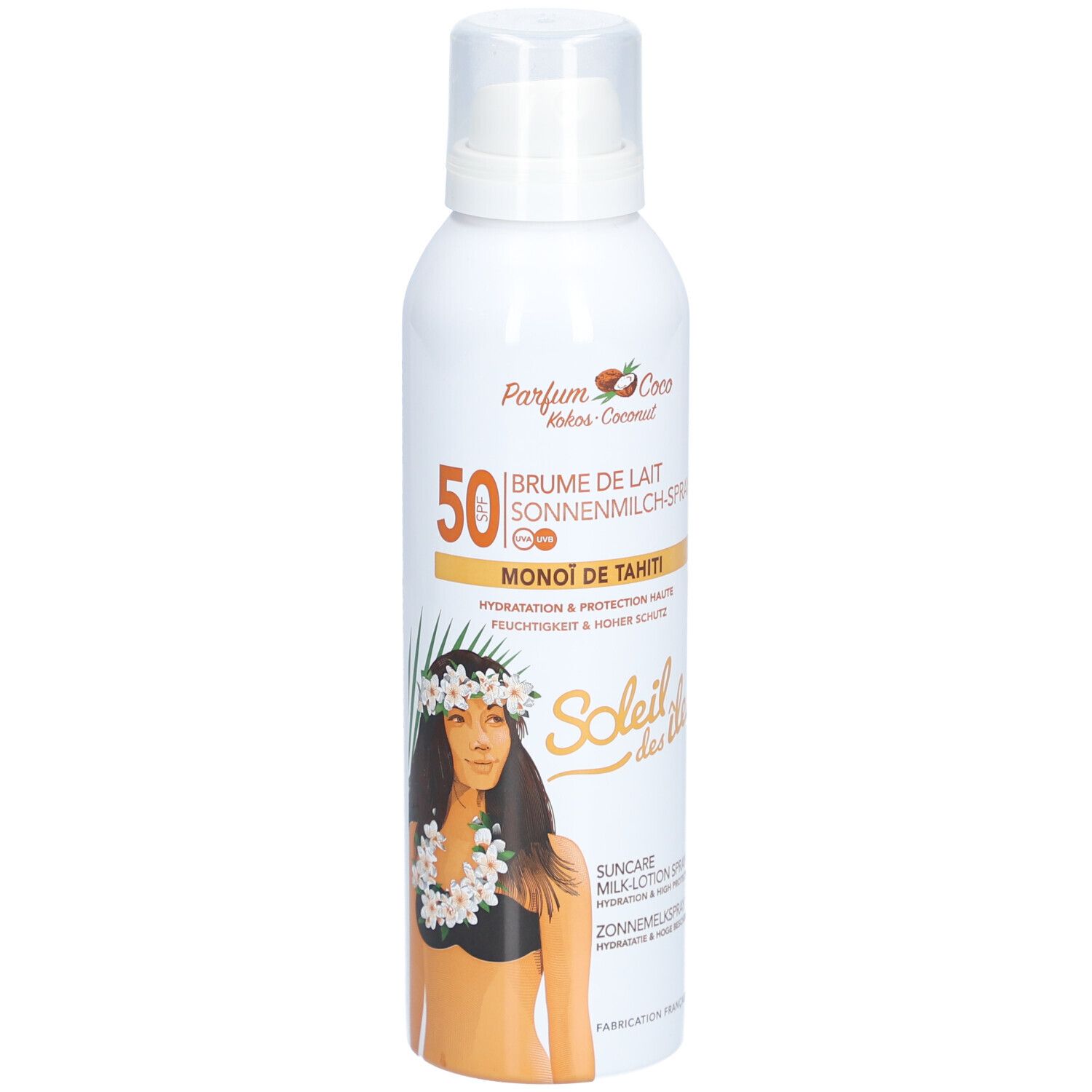 Flacon spray blanc. Inscription SPF 50. Image d'une femme avec couronne de fleurs. Texte: Soleil des îles.