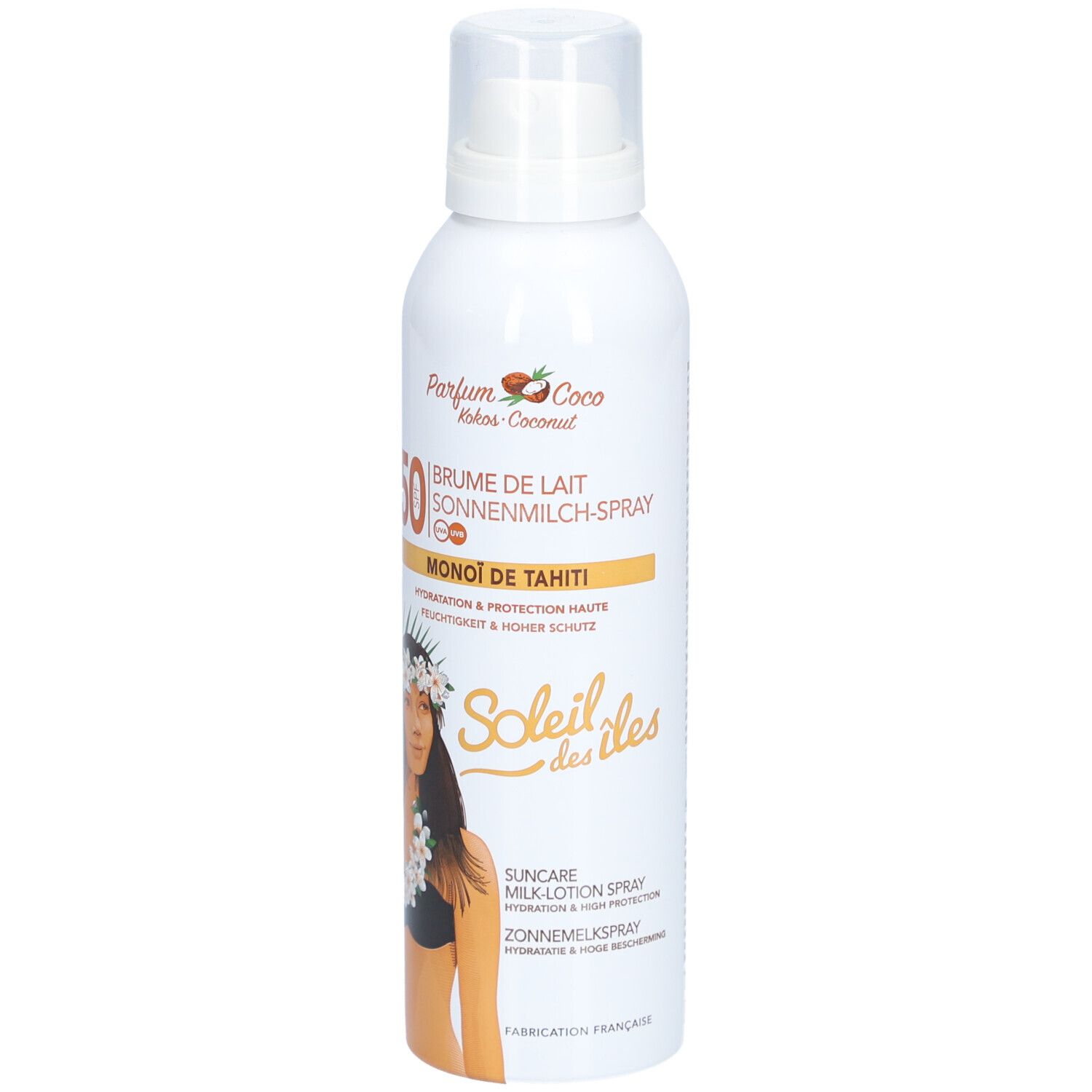 Flacon spray blanc. Inscription SPF 50. Image d'une femme avec couronne de fleurs. Texte: Soleil des îles.