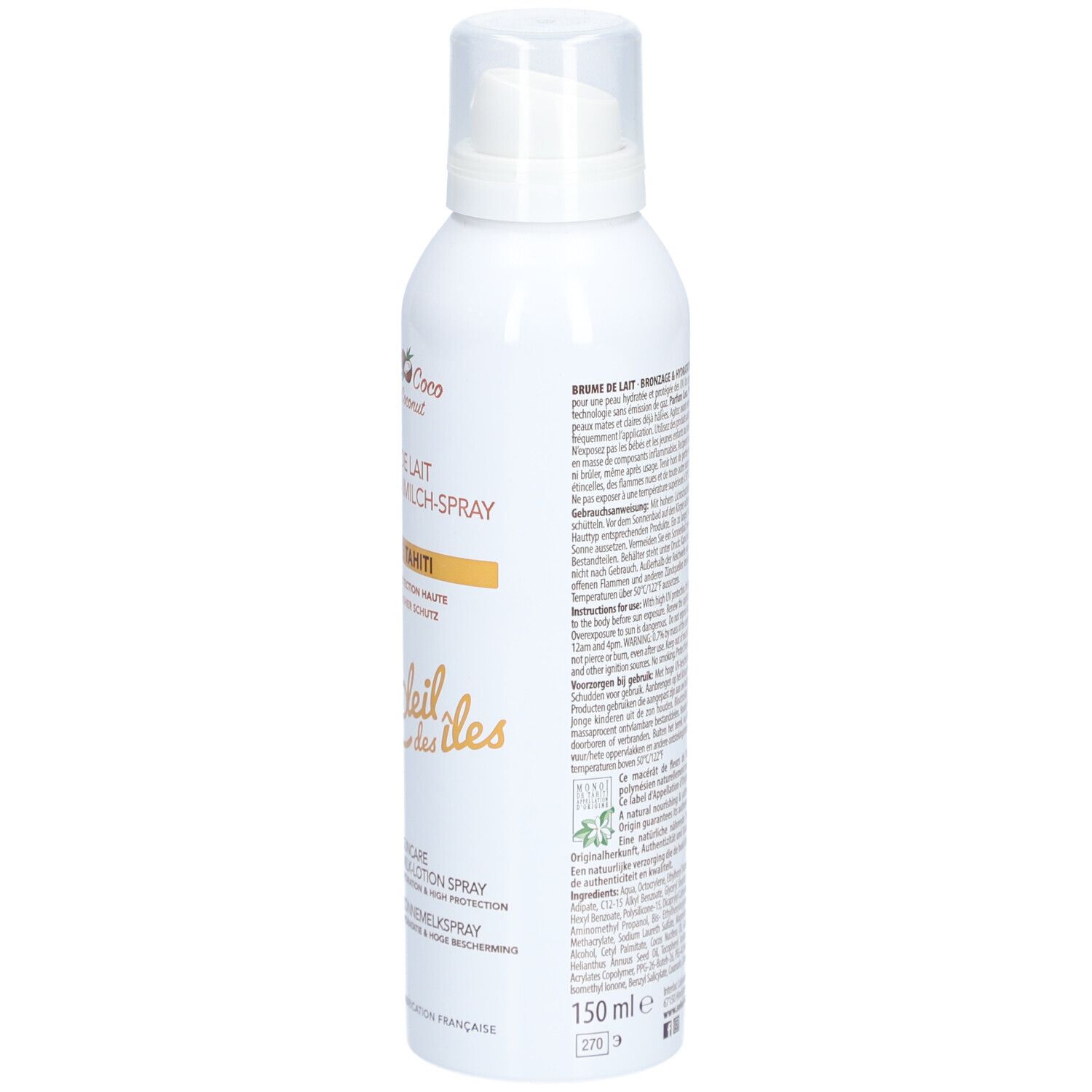 Flacon spray blanc. Inscription et texte. Volume : 150 ml. Texte : Soleil des îles.