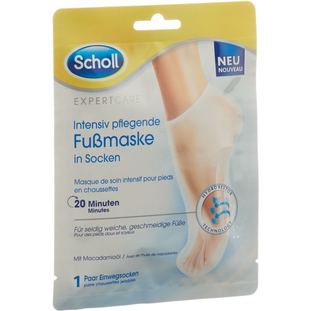 Emballage de masque pour les pieds en chaussettes Scholl. Inscription du produit et instructions. Illustration d'un pied.