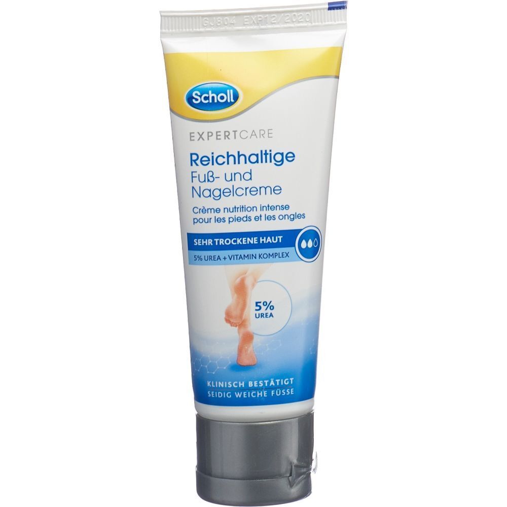 Tube de crème avec nom et marque du produit. Texte : Scholl ExpertCare Reichhaltige Fuß- und Nagelcreme. Emballage bleu et blanc.