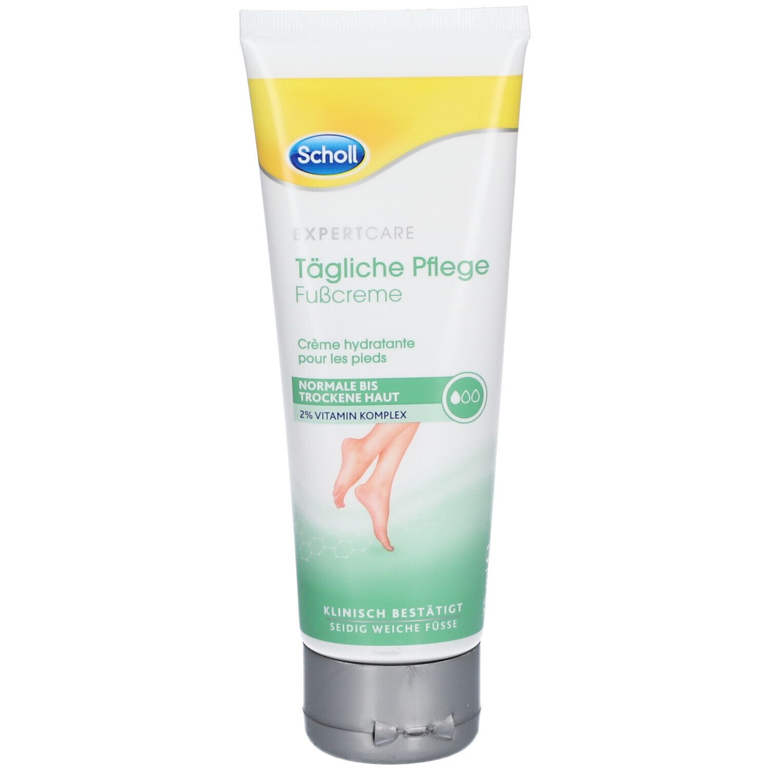 Scholl Expert Care Fußcreme Tube mit gelbem Akzent und Abbildung von Füßen.