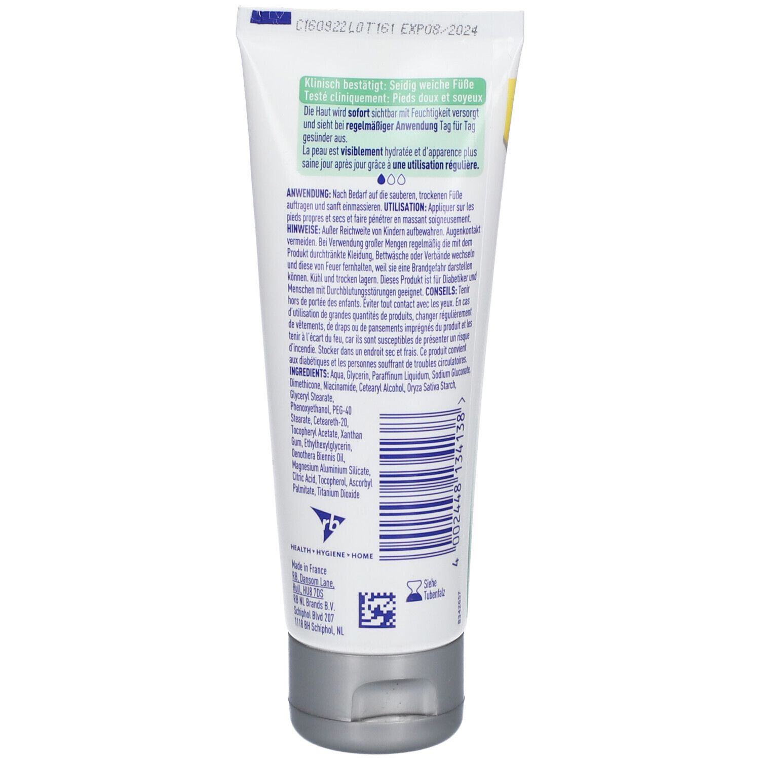 Rückseite einer Scholl Expert Care Fußcreme Tube mit Anwendungshinweisen und Inhaltsstoffen.