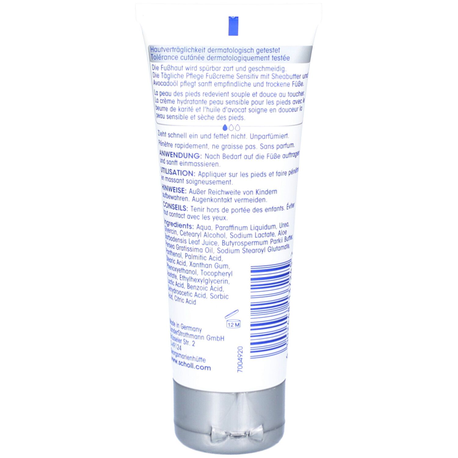 Rückseite der Tube mit Fußcreme. Text: Anwendung, Hinweise, Inhaltsstoffe. Dermatologisch getestet. Herstellerinformationen.