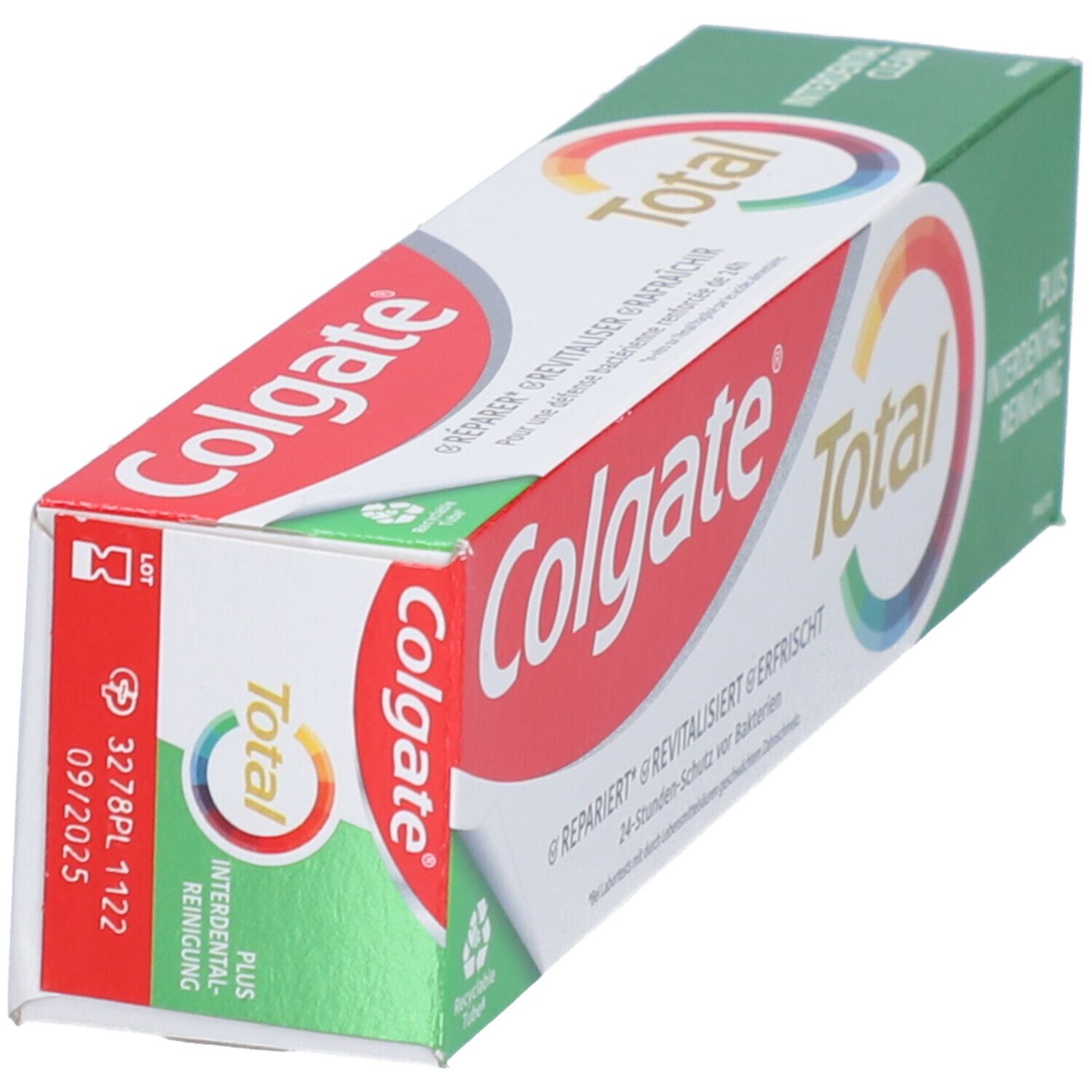 Zahnpasta-Verpackung, schräg. Colgate Total, grüne und weiße Verpackung. Details und Logos sichtbar.
