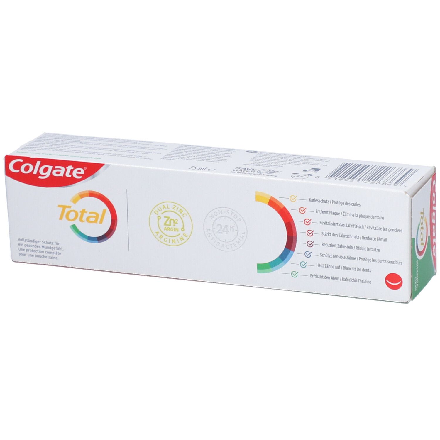 Zahnpasta-Verpackung mit Colgate Total. Weiße Verpackung mit Logos und Produktinformationen.