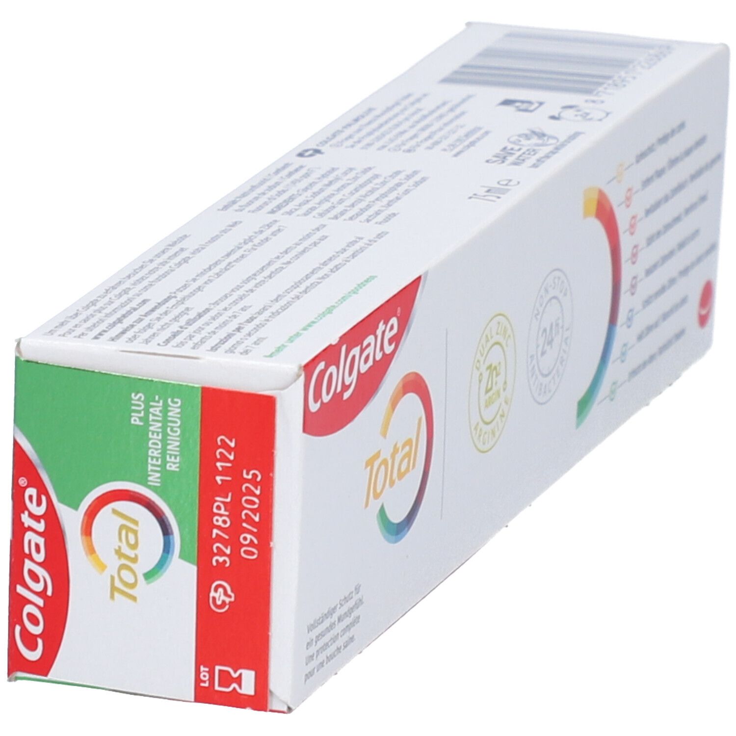 Schräg liegende Zahnpasta-Verpackung. Colgate Total, grüne und weiße Verpackung. Details und Logos.