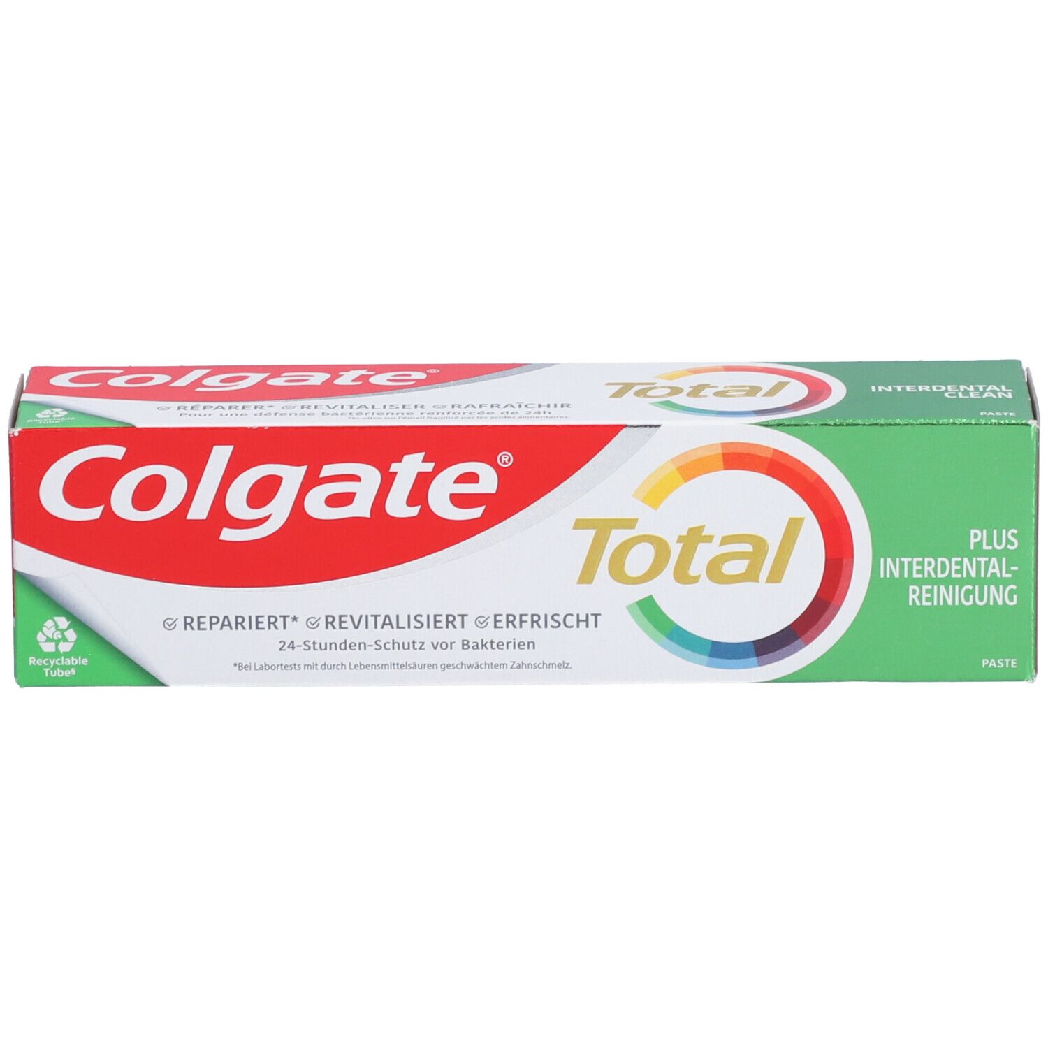 Zahnpasta-Verpackung mit Colgate Total. Grün-weißes Design, Produktbezeichnung und Logos.