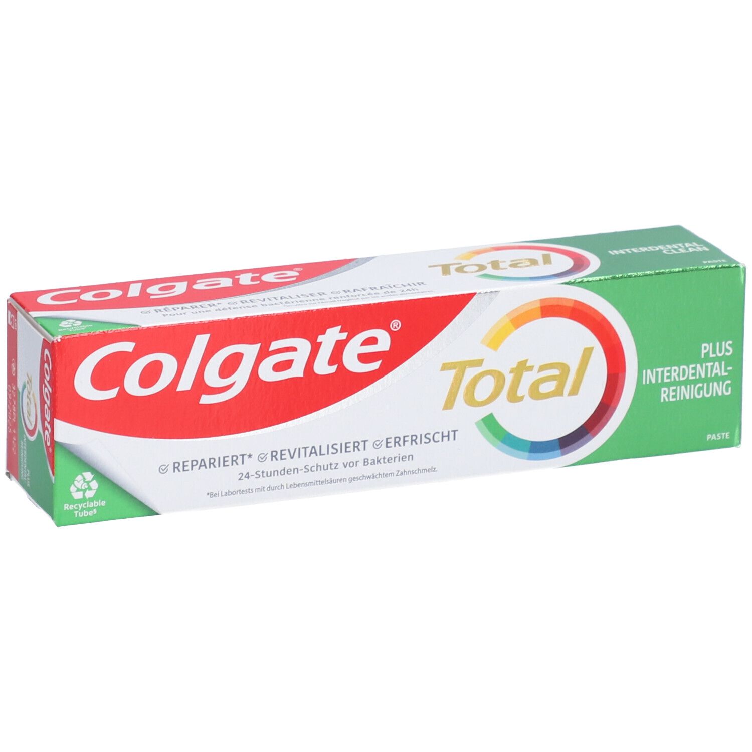 Zahnpasta-Verpackung mit Colgate Total. Grün-weißes Design, Produktbezeichnung und Logos.