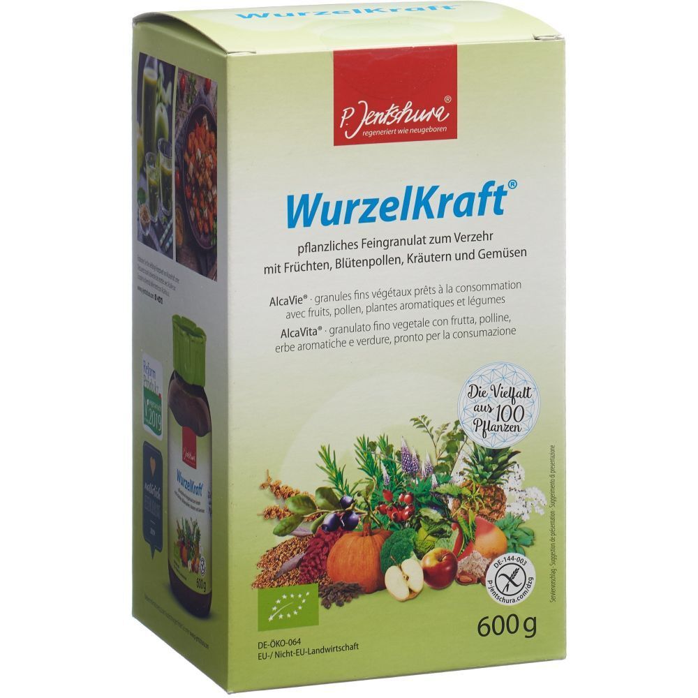 Karton mit WurzelKraft®. Vorderseite mit Produktabbildung, Zutaten und Logo. 600g Packung. Bio-Siegel.
