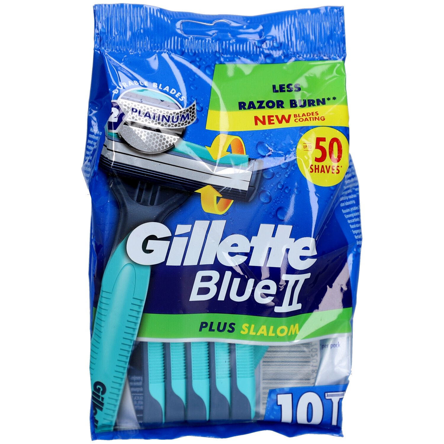 Packung mit Rasierern. Marke: Gillette Blue II Plus Slalom. Blaue Verpackung mit Produktabbildung und Text. Enthält 10 Stück.