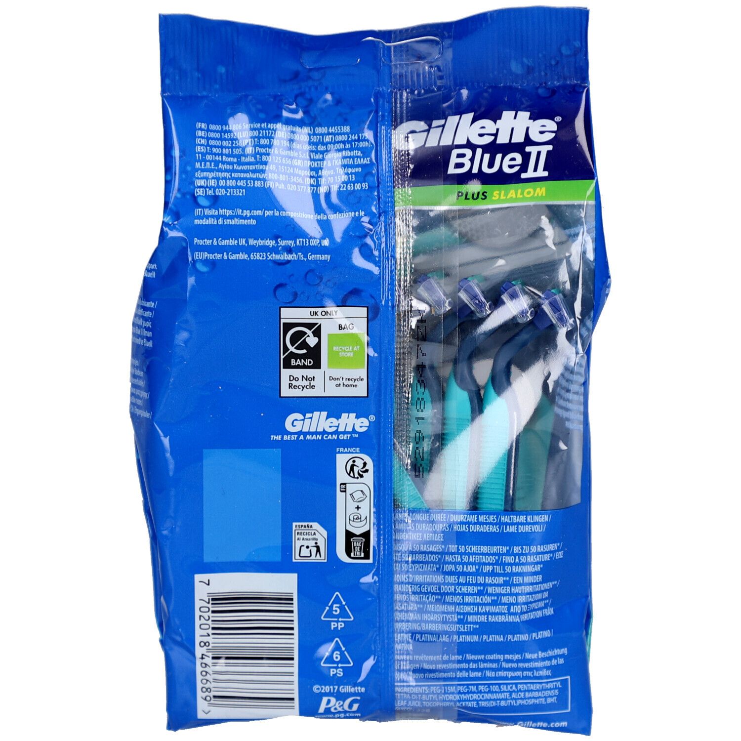 Rückseite der Rasiererpackung. Marke: Gillette Blue II Plus Slalom. Blaue Verpackung mit Produktabbildung und Text.