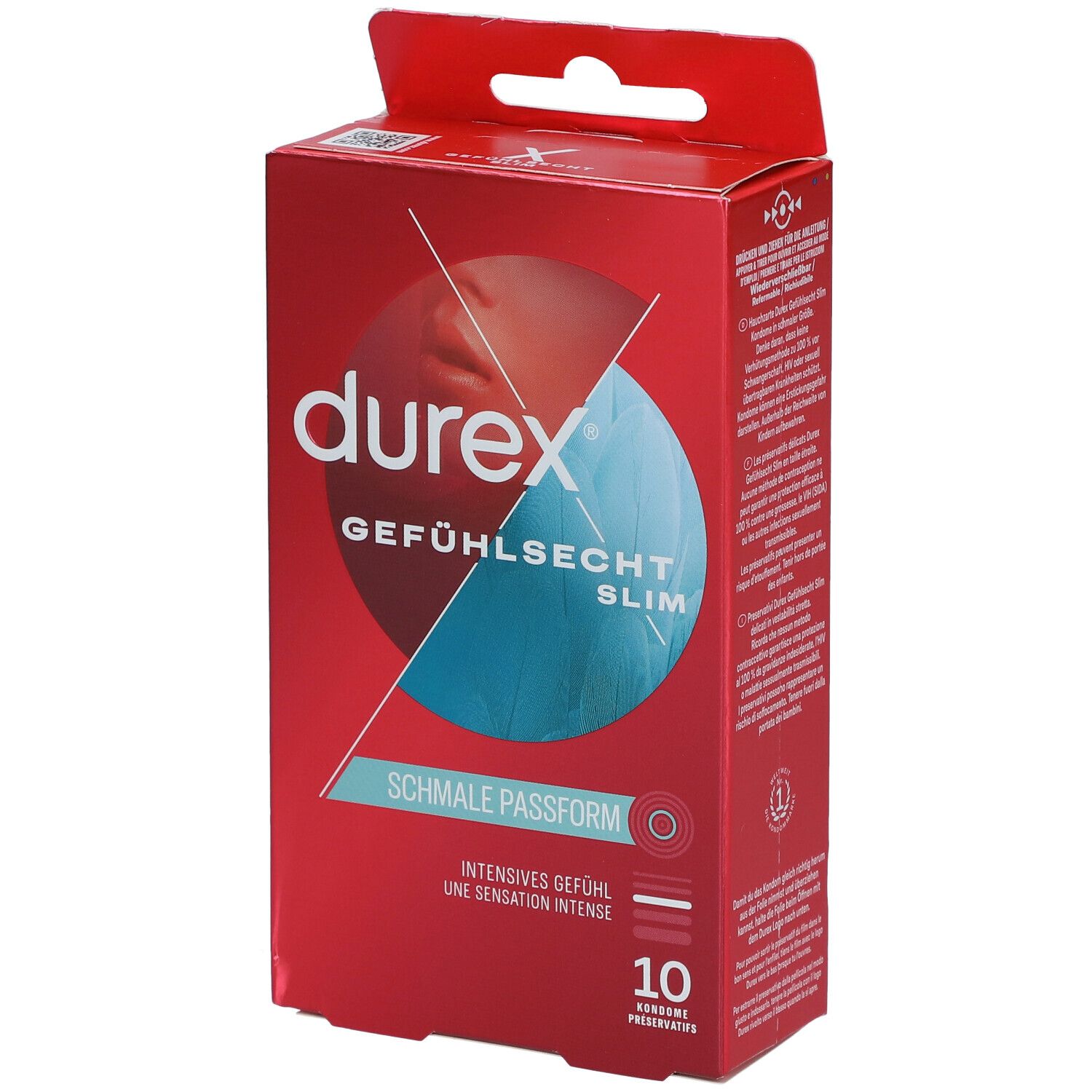 Rote Durex-Verpackung mit Produktbezeichnung. Enthält 10 Kondome. Aufschrift: Gefühlssecht Slim, schmale Passform.