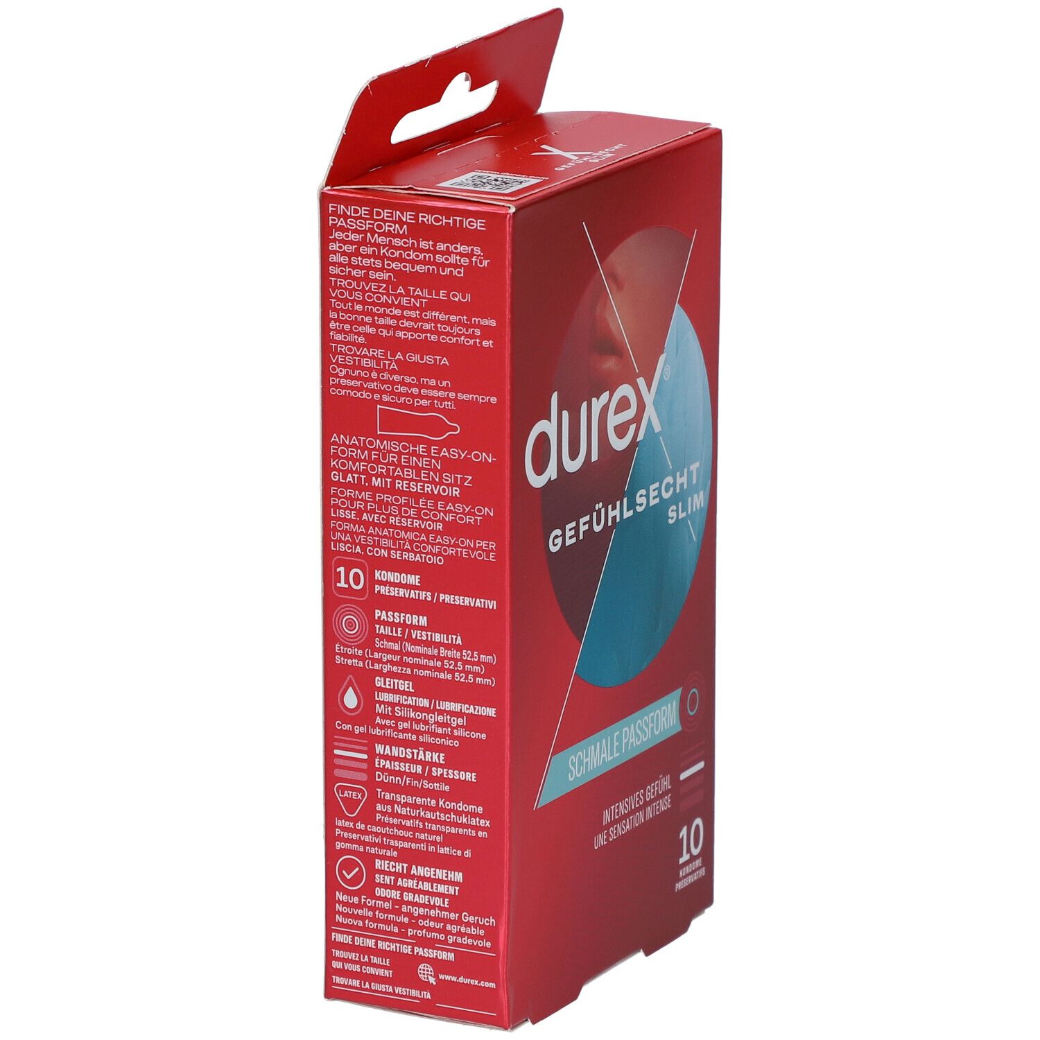Rote Durex-Verpackung mit Produktbezeichnung. Enthält 10 Kondome. Aufschrift: Gefühlssecht Slim, schmale Passform. Detailansicht der Verpackung.