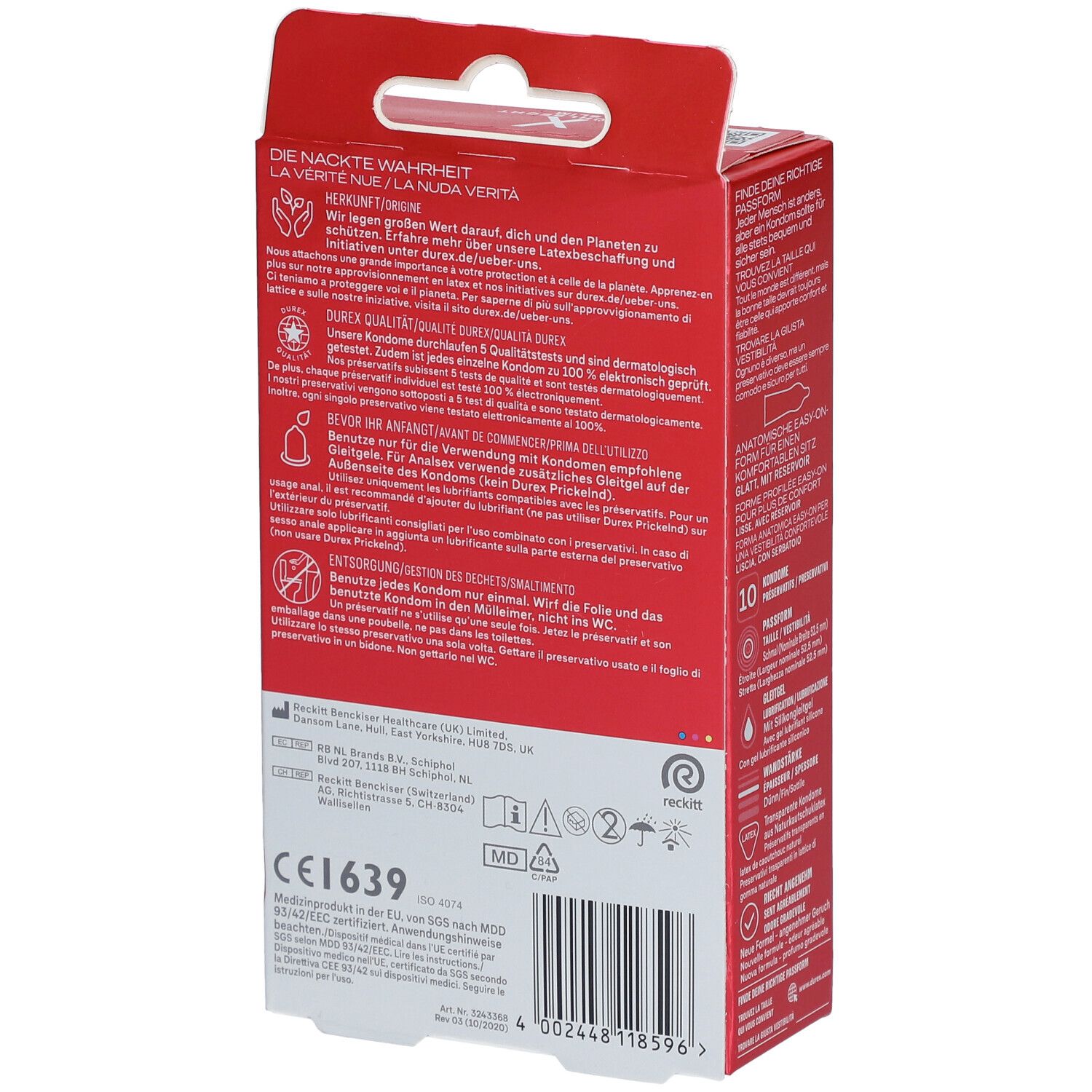 Rückseite der roten Durex-Verpackung. Informationen zu Qualität, Inhaltsstoffen und Zertifizierungen. Enthält 10 Kondome.
