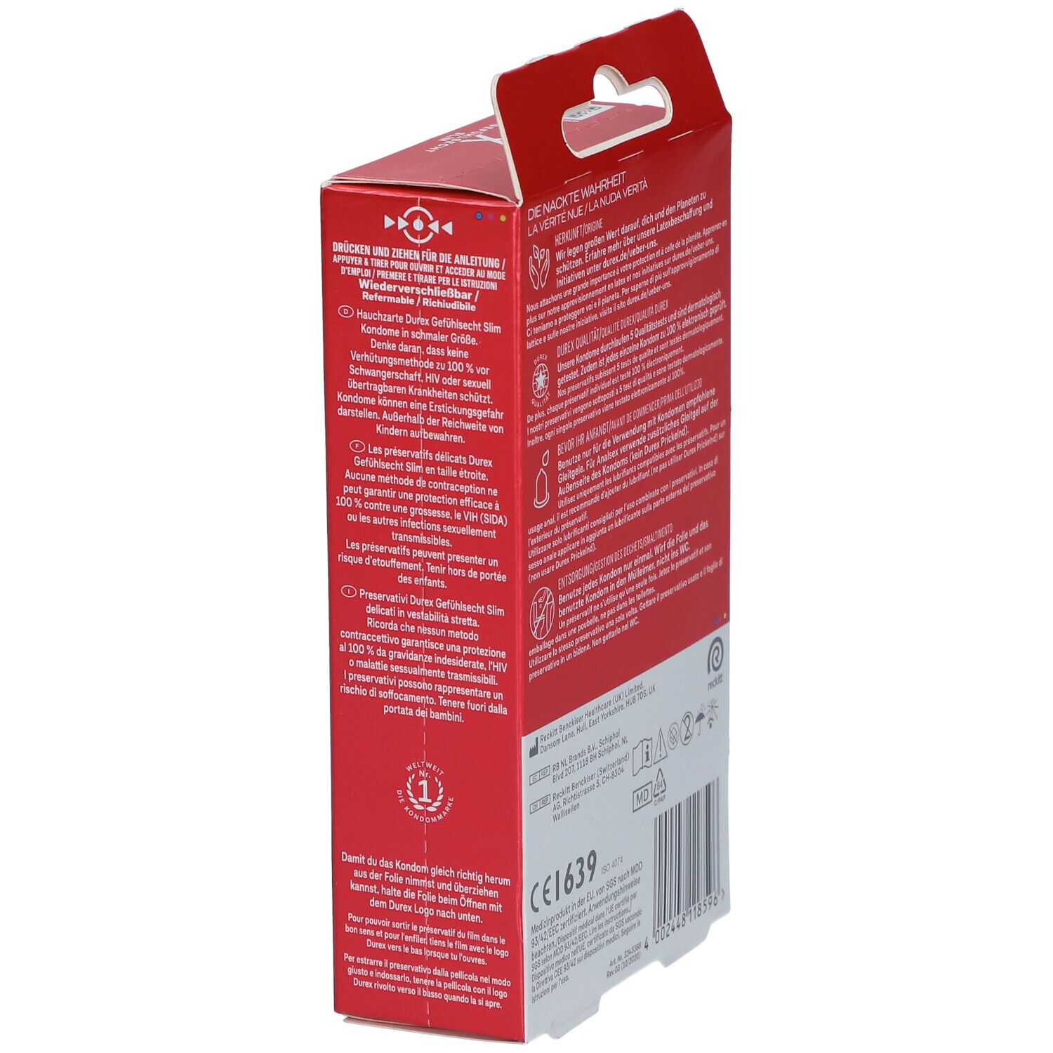 Seite der roten Durex-Verpackung. Informationen zur Anwendung und Zertifizierungen. Enthält 10 Kondome. CE1639.