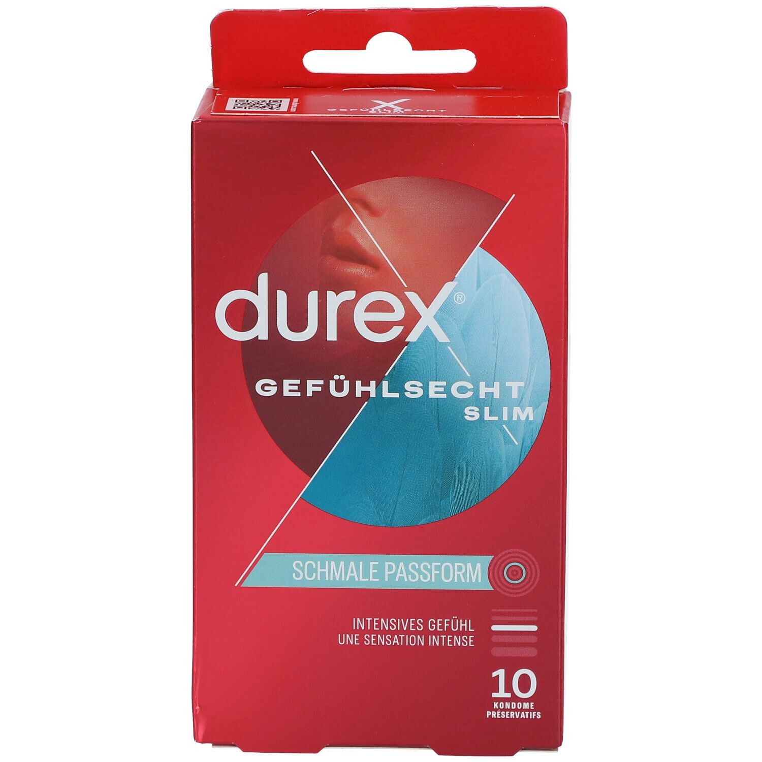 Rote Durex-Verpackung mit Produktbezeichnung. Enthält 10 Kondome. Aufschrift: Gefühlssecht Slim, schmale Passform.