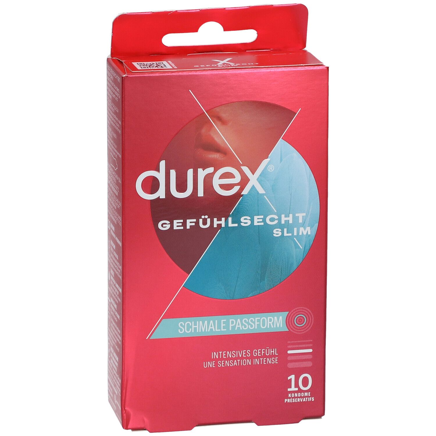Rote Durex-Verpackung mit Produktbezeichnung. Enthält 10 Kondome. Aufschrift: Gefühlssecht Slim, schmale Passform.