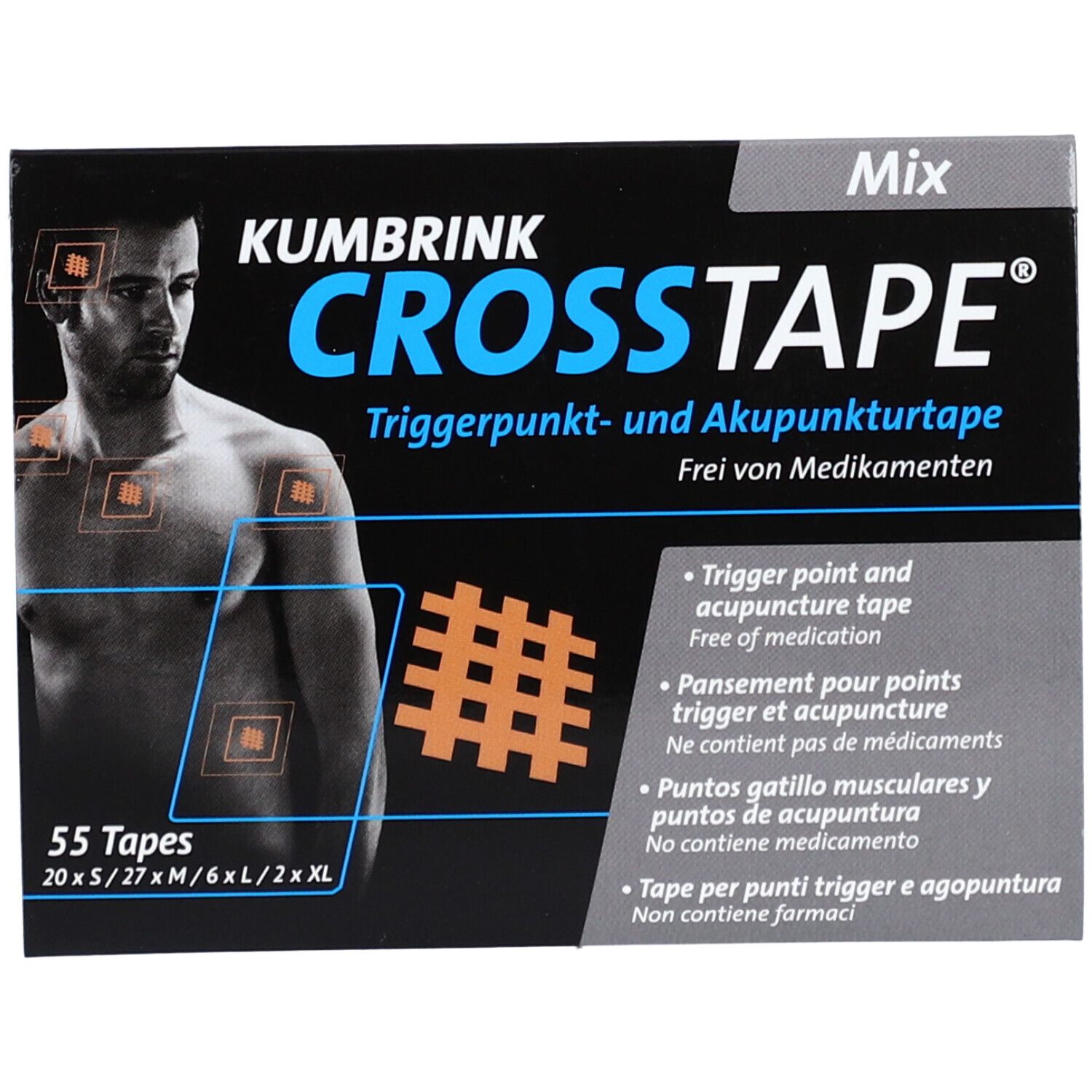 CROSSTAPE Mix Packung. Schwarzer Karton mit Produktname und Abbildung eines Mannes. Enthält 55 Tapes.