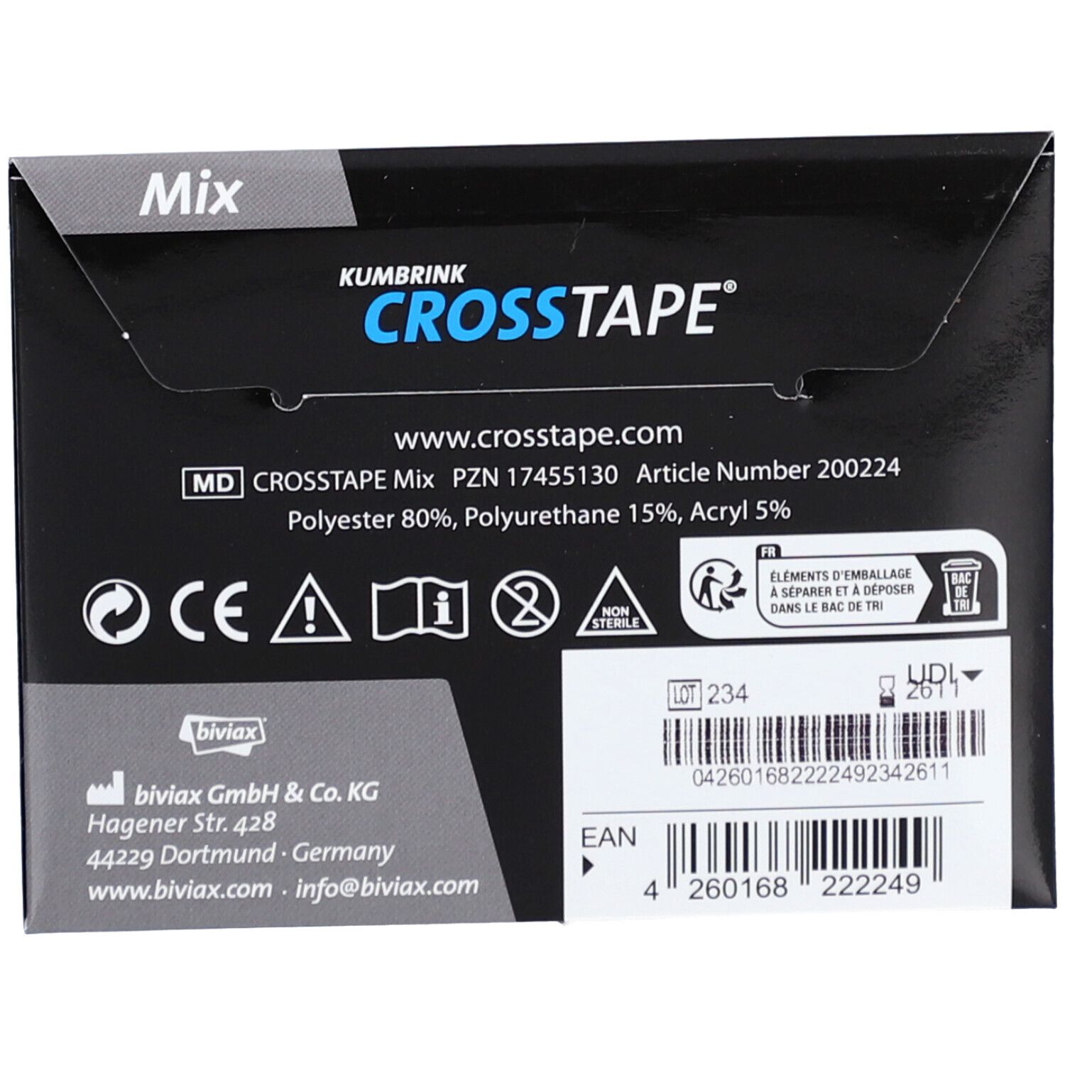 Rückseite der CROSSTAPE Mix Packung. Enthält Informationen, Logos und Barcode. Mit CE-Kennzeichnung.