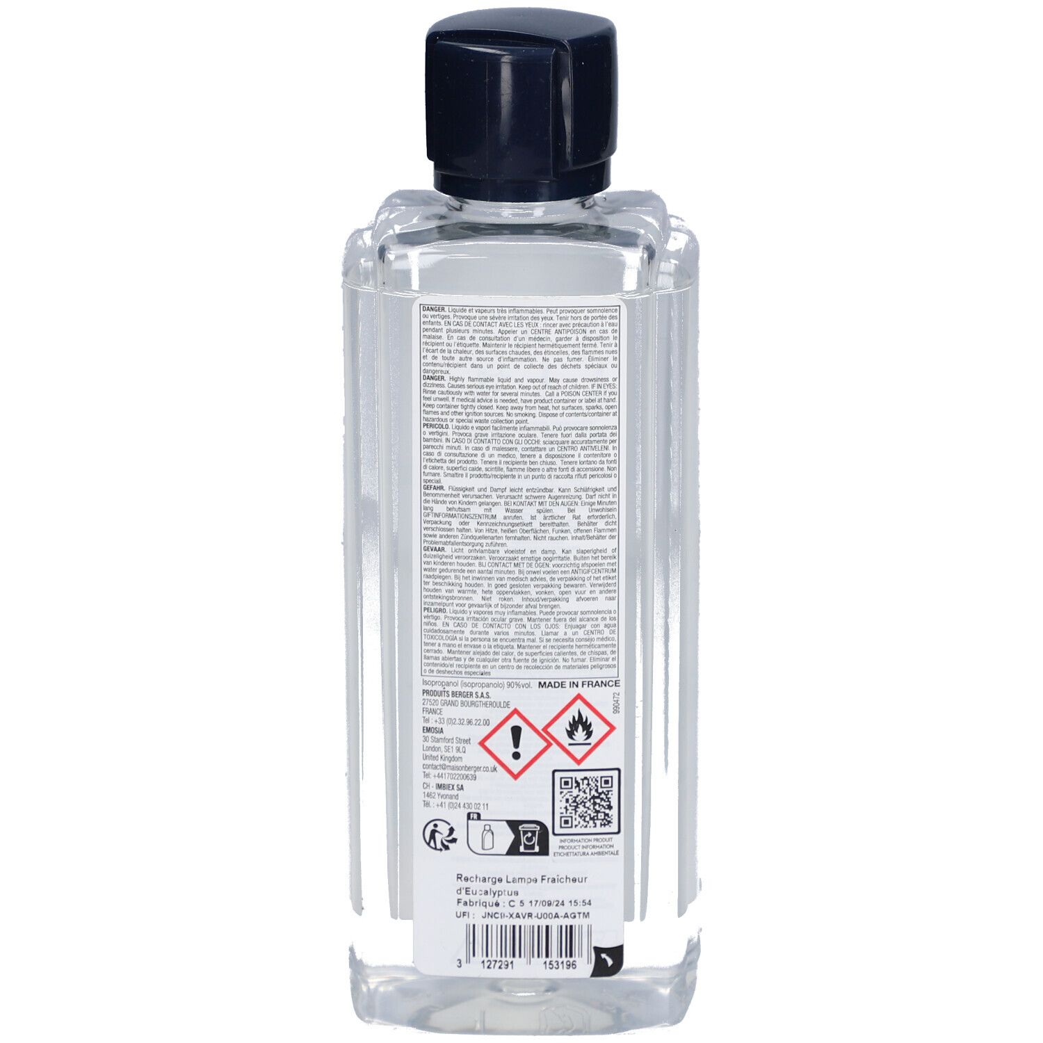 Rückseite der Nachfüllflasche. Maison Berger Paris. Text, Warnhinweise, QR-Code und Piktogramme. Hergestellt in Frankreich.